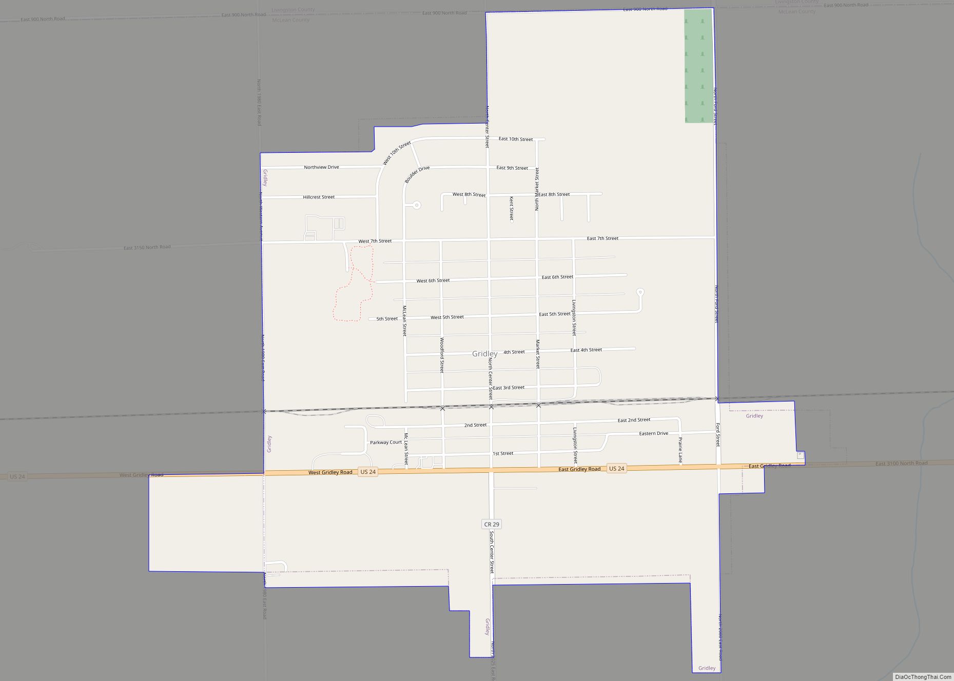 Map of Gridley village, Illinois