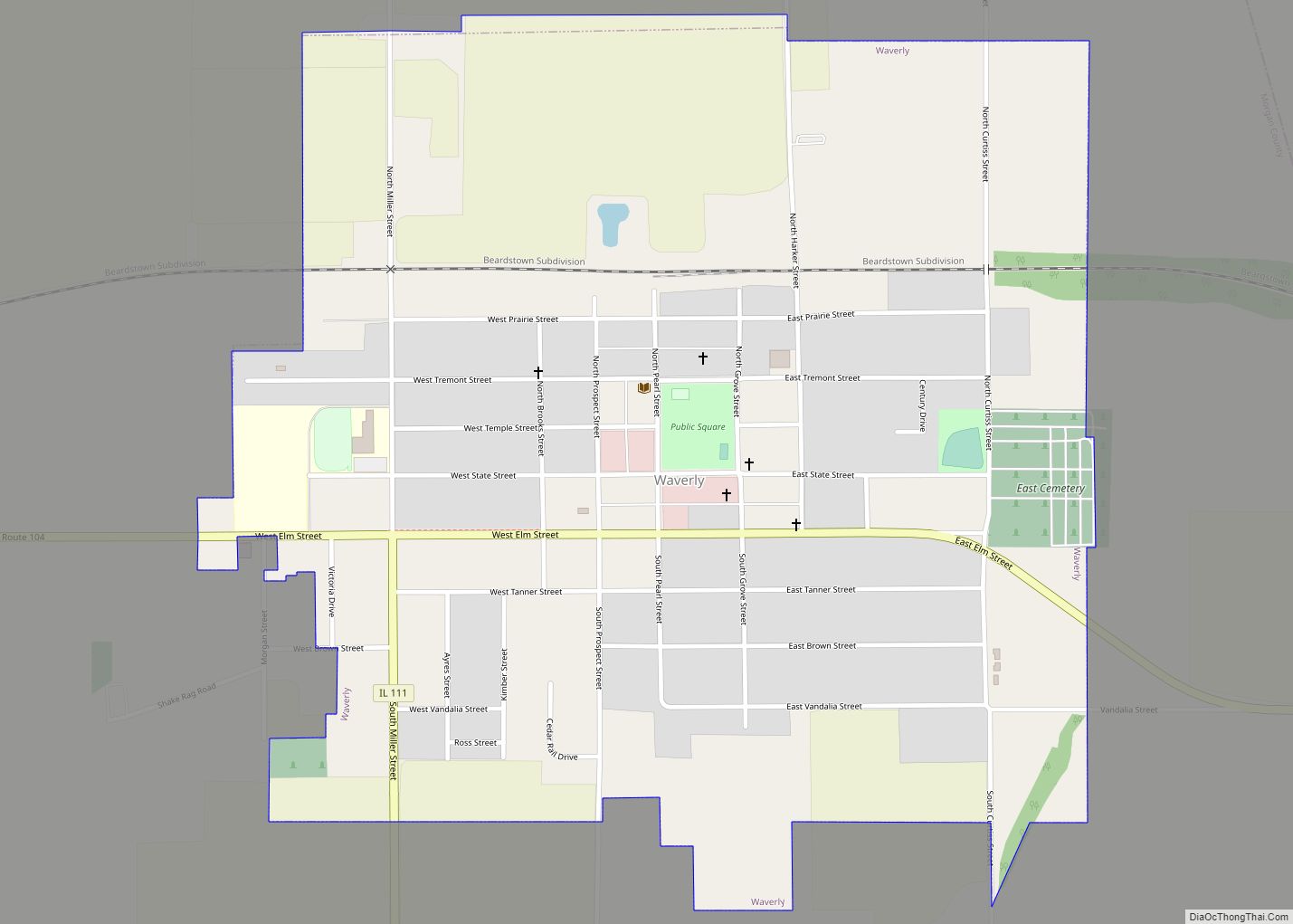 Map of Waverly city, Illinois