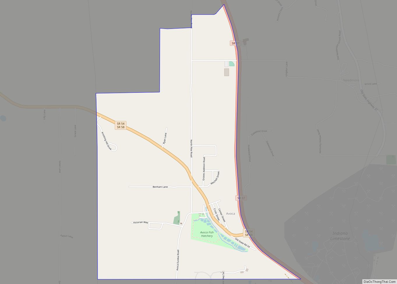 Map of Avoca CDP, Indiana