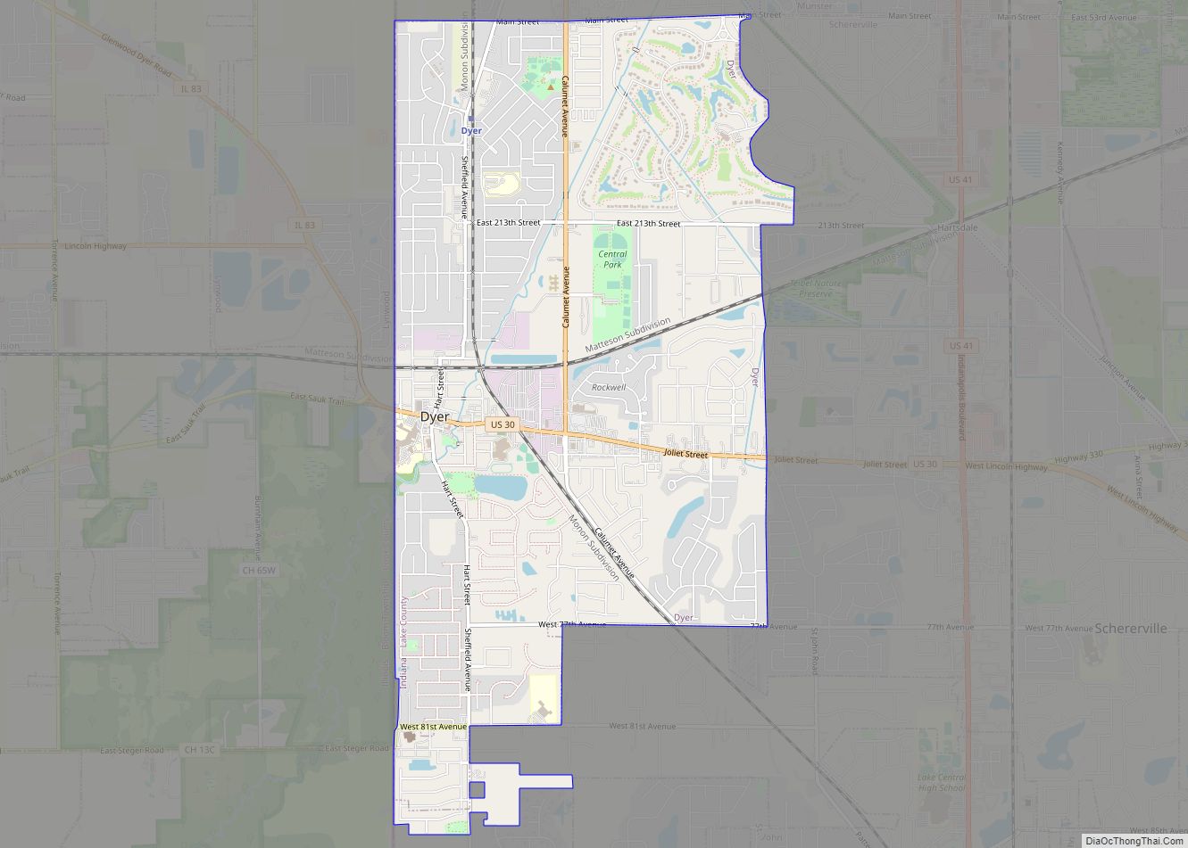 Map of Dyer town, Indiana