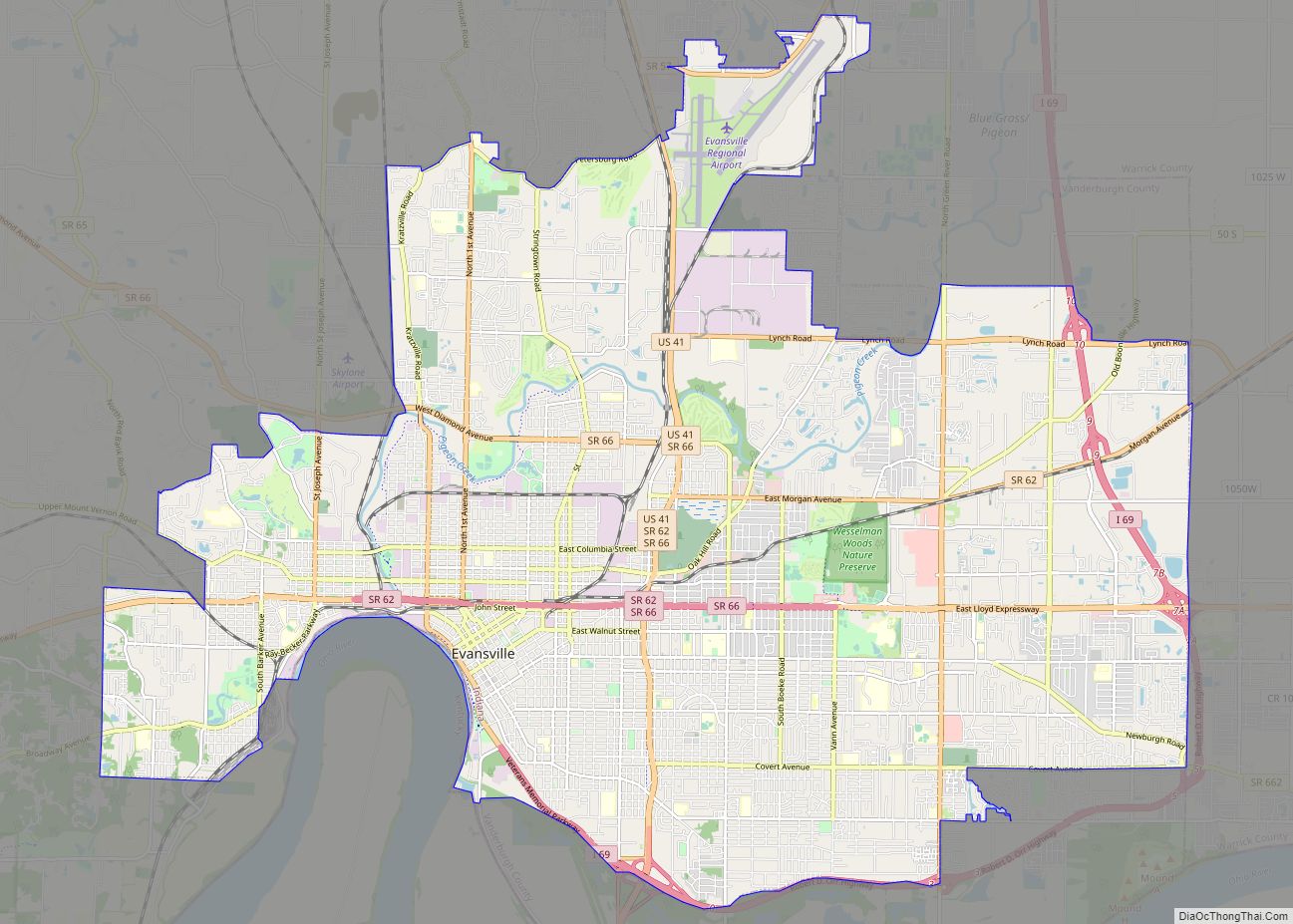 Map of Evansville city, Indiana