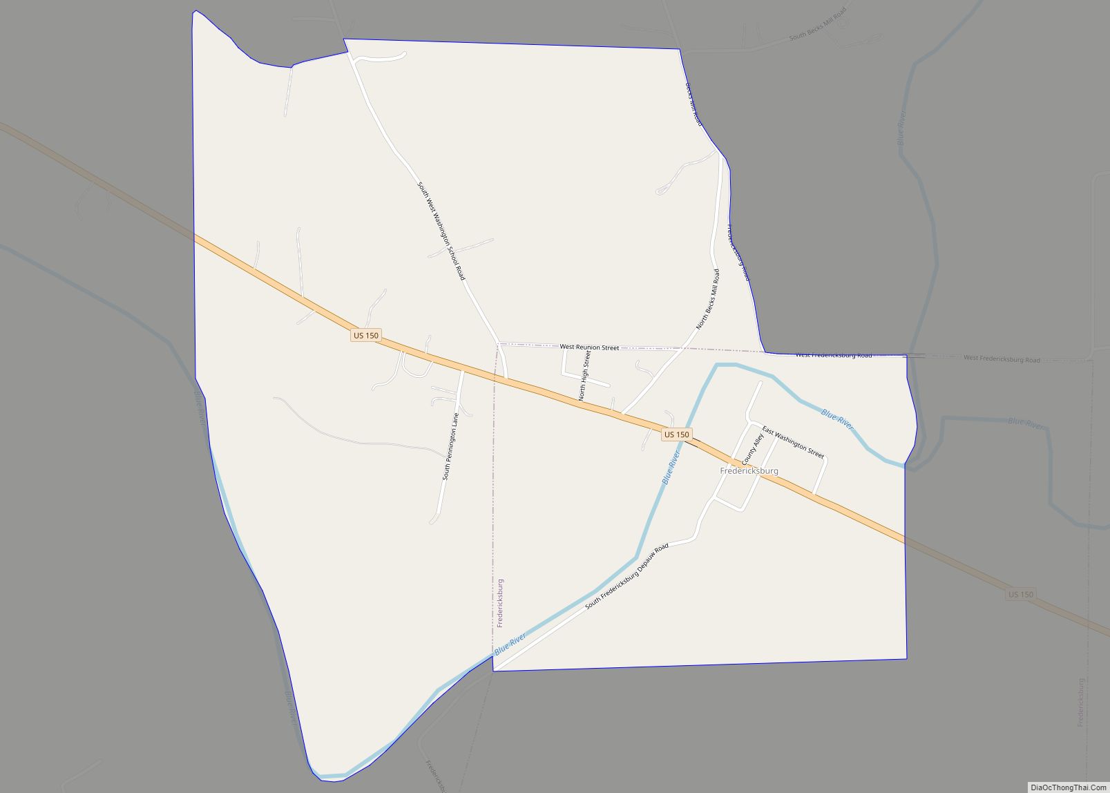 Map of Fredericksburg CDP, Indiana