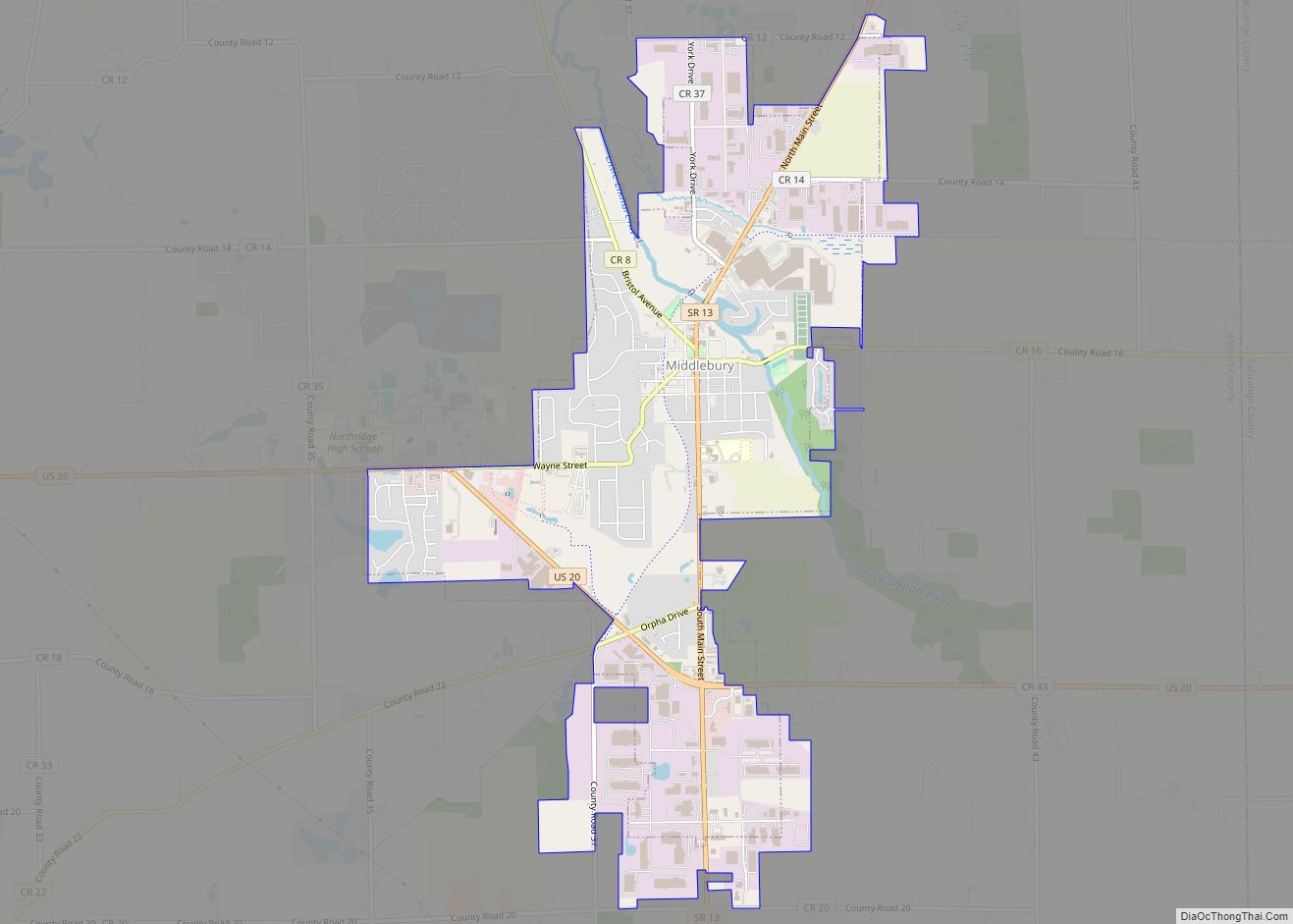 Map of Middlebury town, Indiana