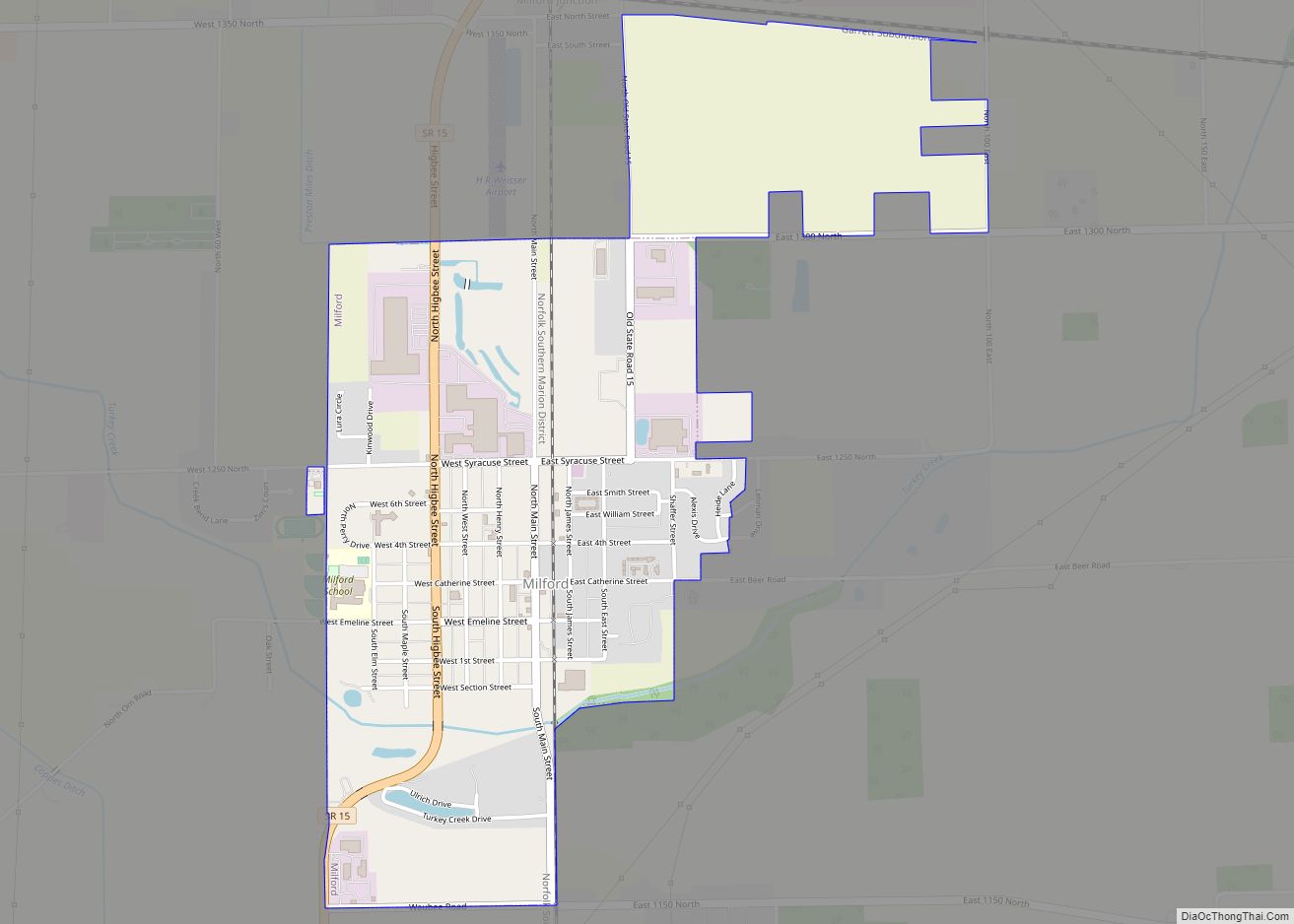 Map of Milford town, Indiana