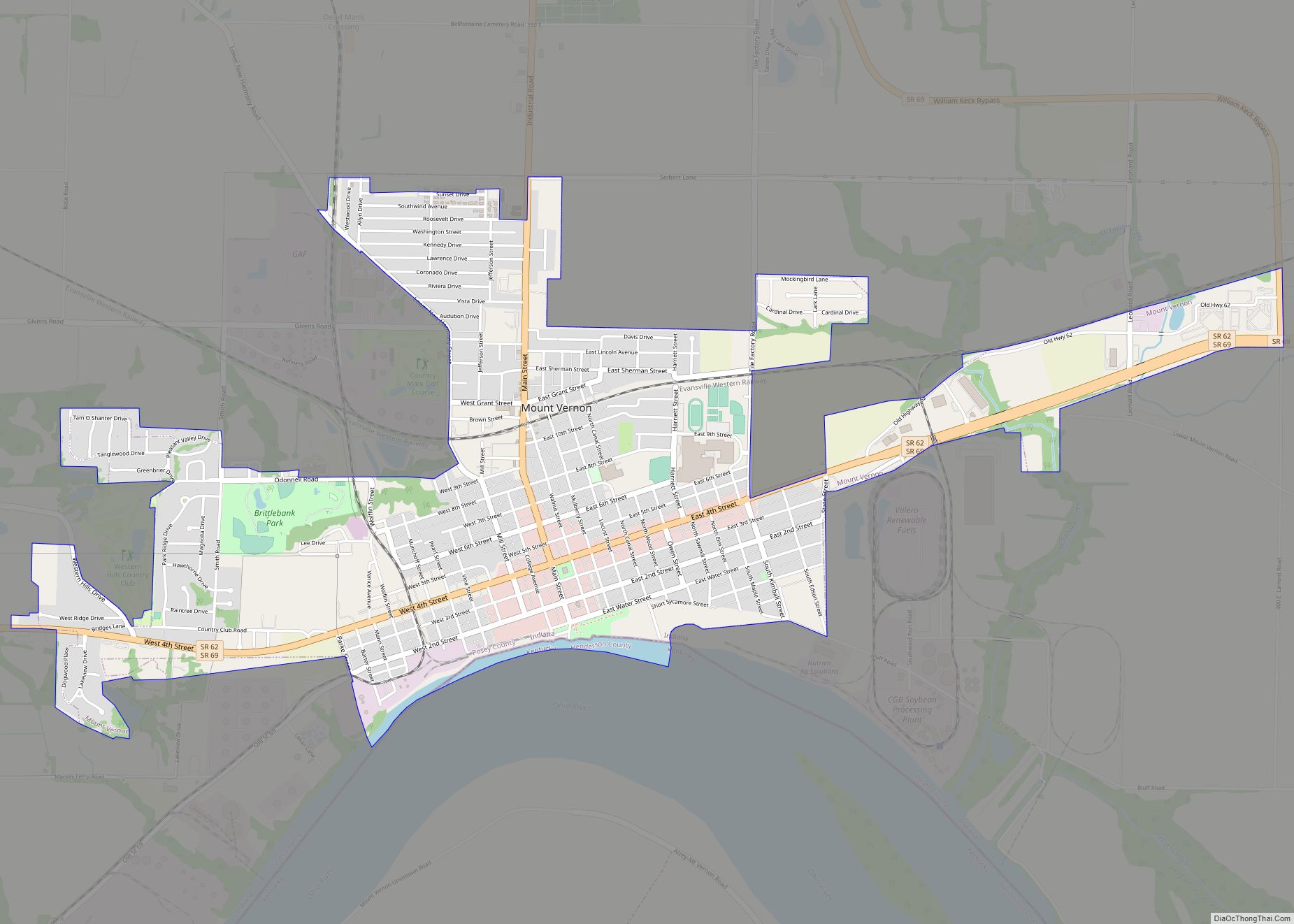 Map of Mount Vernon city, Indiana