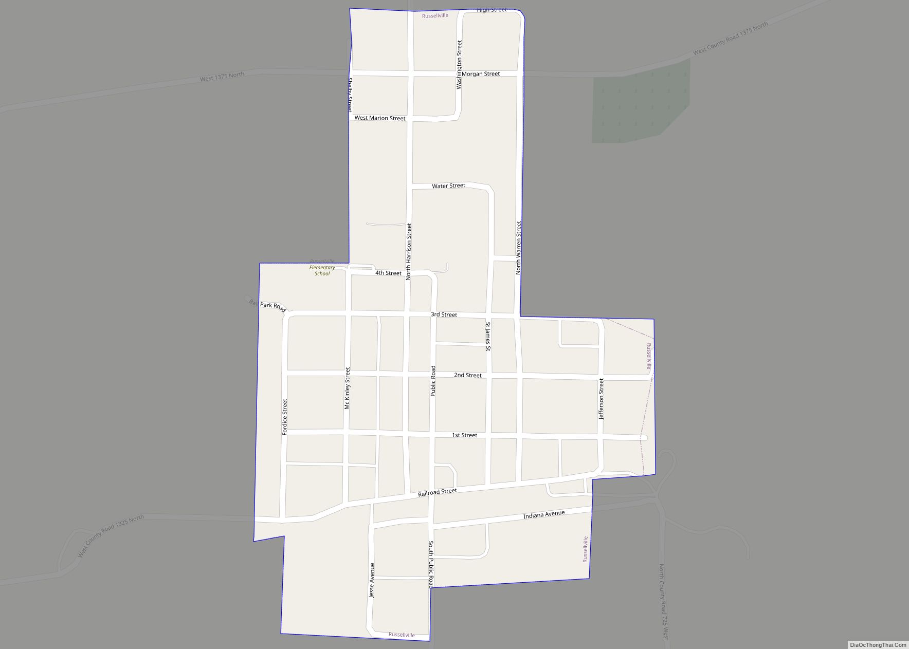 Map of Russellville town, Indiana