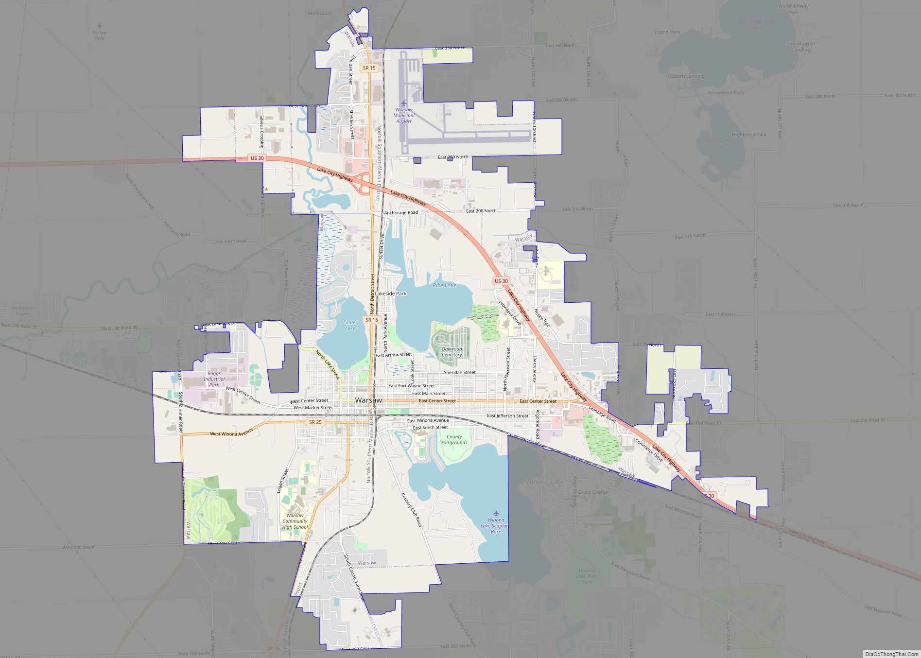 Map of Warsaw city, Indiana