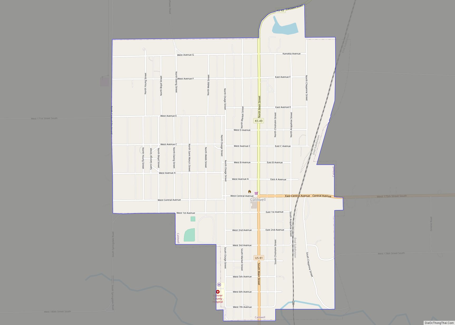 Map of Caldwell city, Kansas