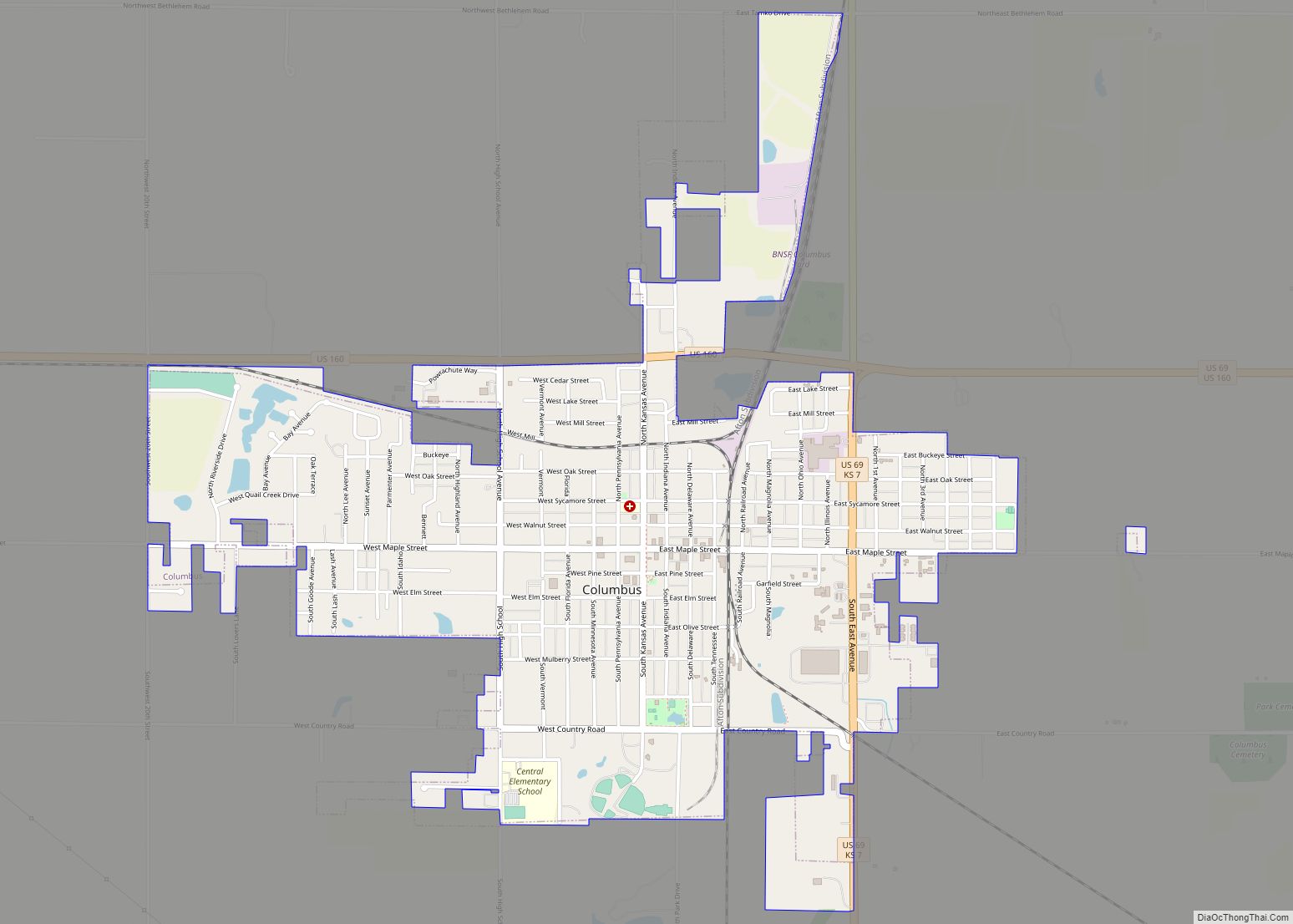Map of Columbus city, Kansas