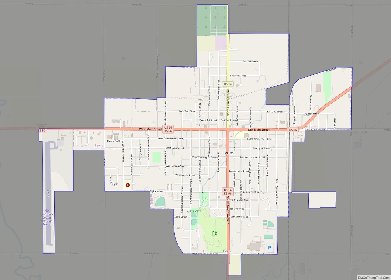 Map of Lyons city, Kansas