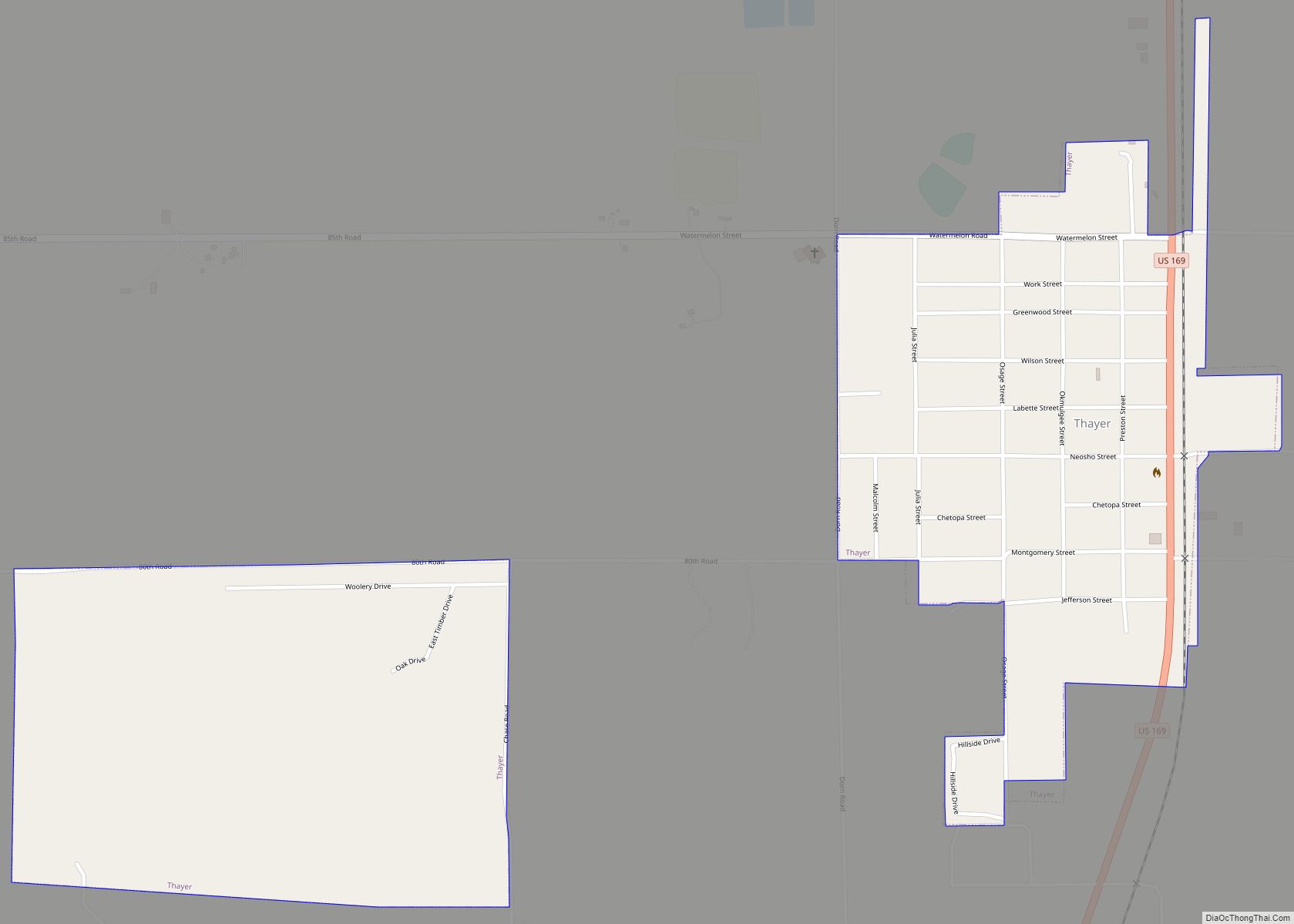 Map of Thayer city, Kansas