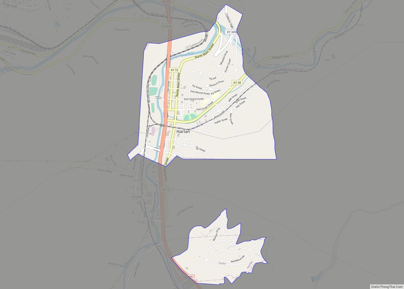 Map of Harlan city, Kentucky