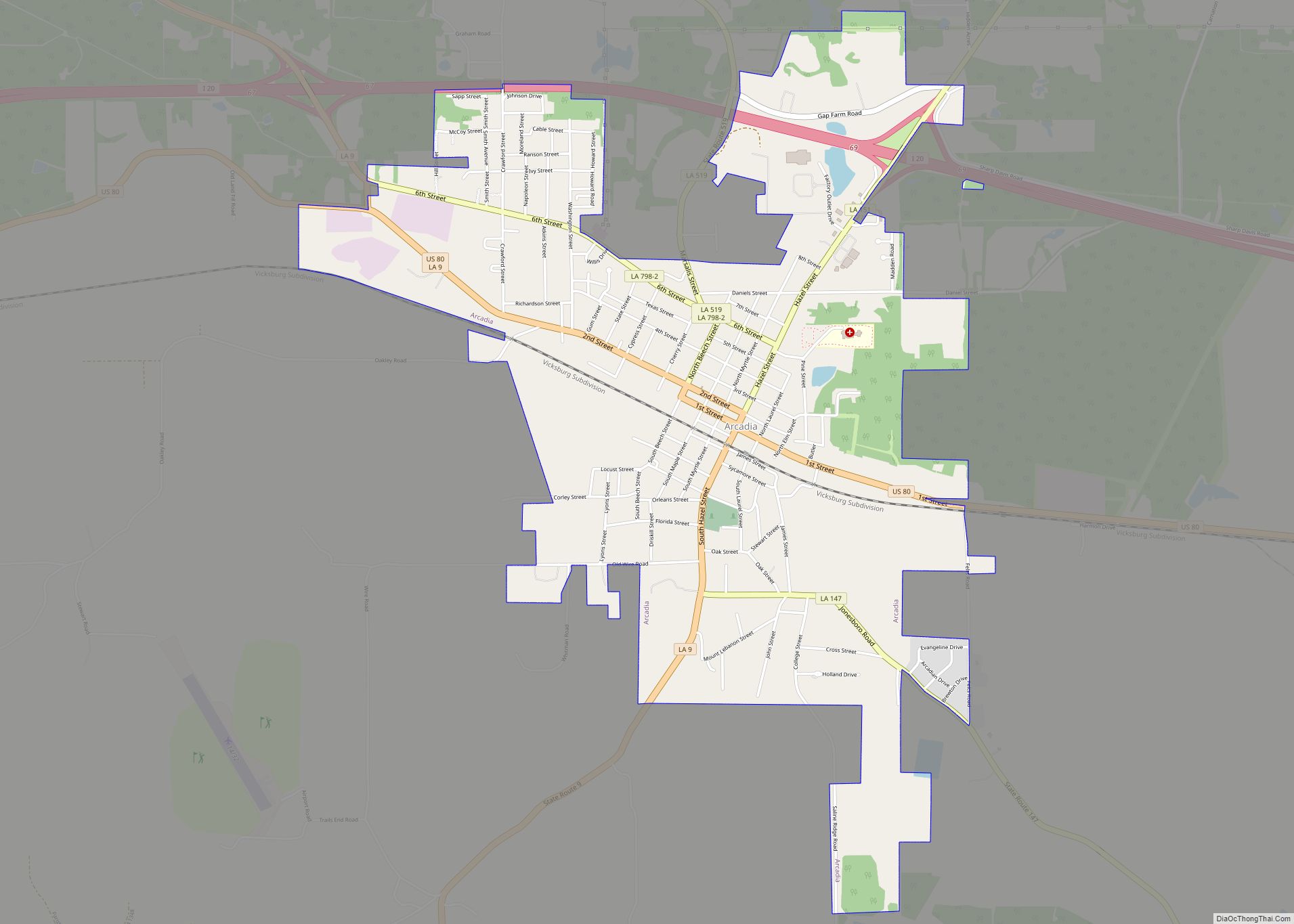 Map of Arcadia town, Louisiana