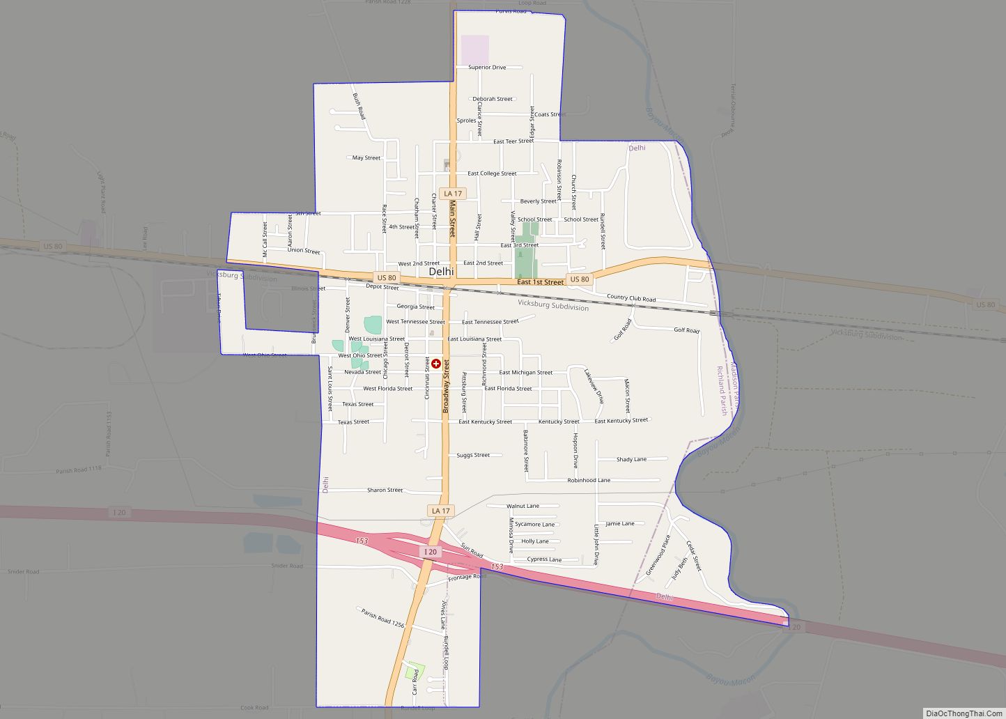 Map of Delhi town, Louisiana