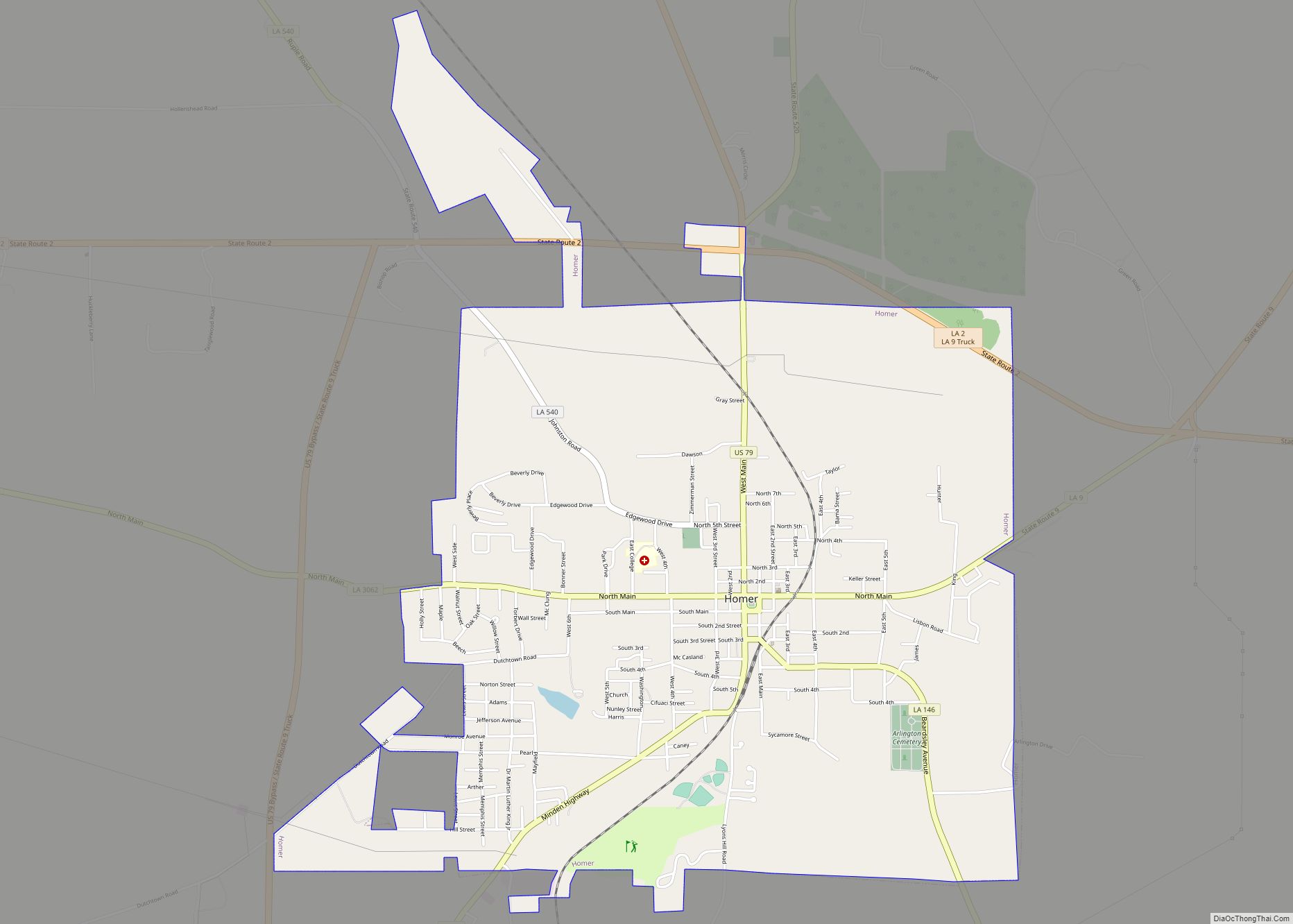 Map of Homer town, Louisiana