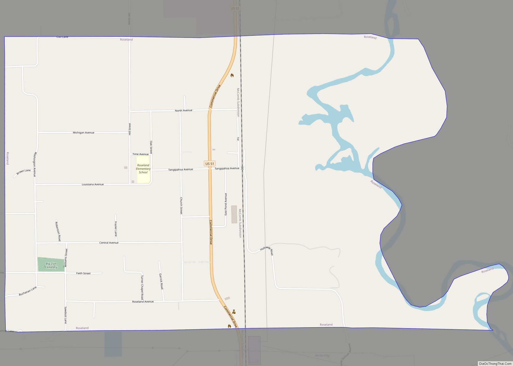 Map of Roseland town, Louisiana