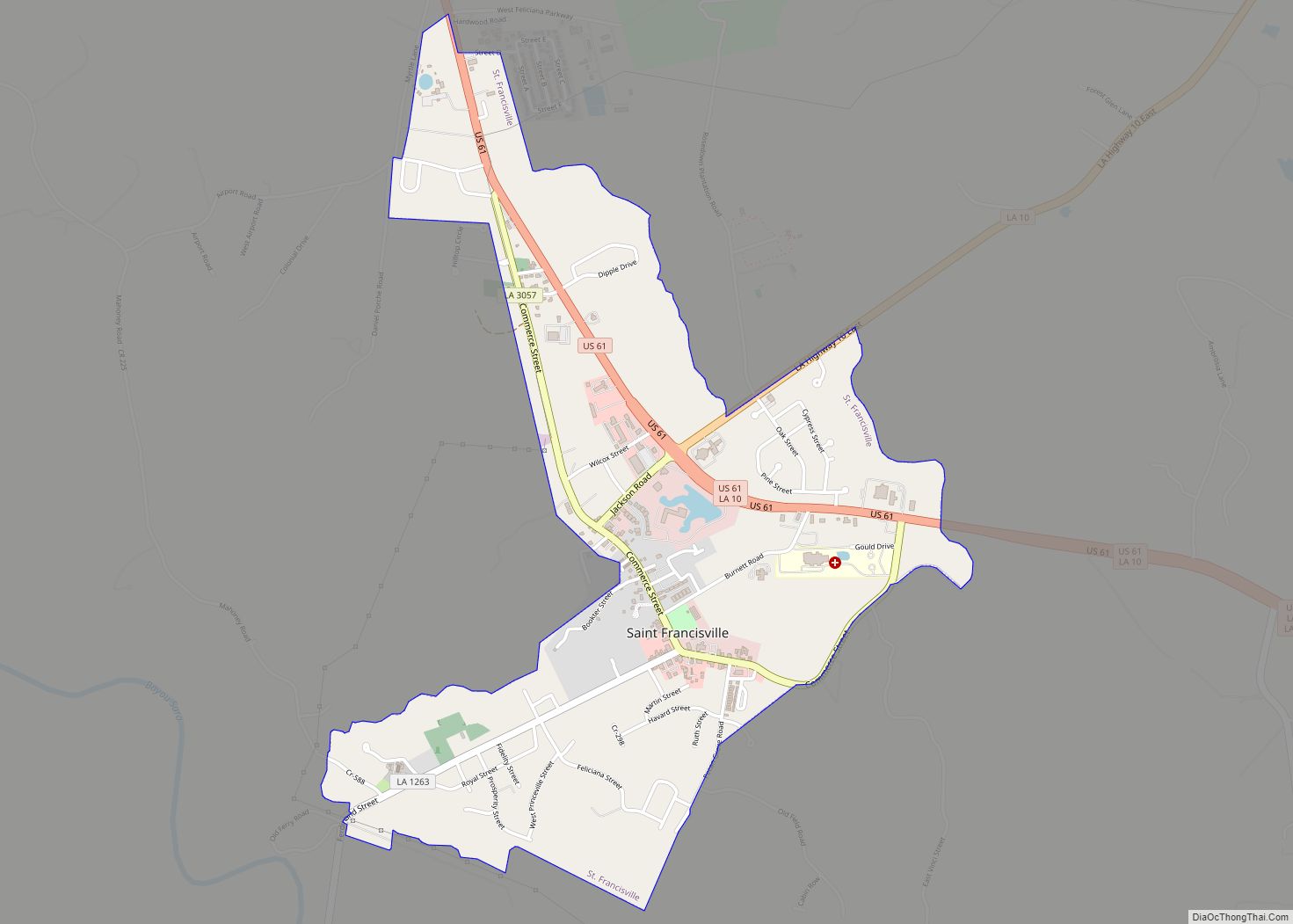 Map of St. Francisville town, Louisiana