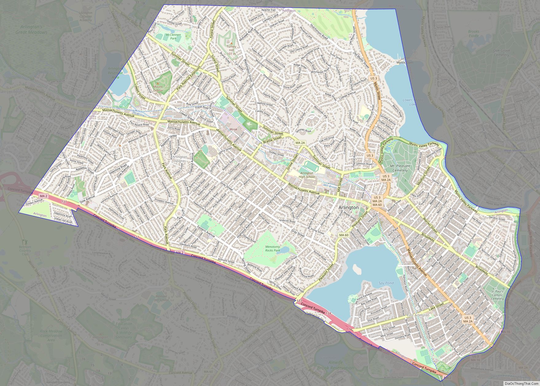 Map of Arlington CDP, Massachusetts