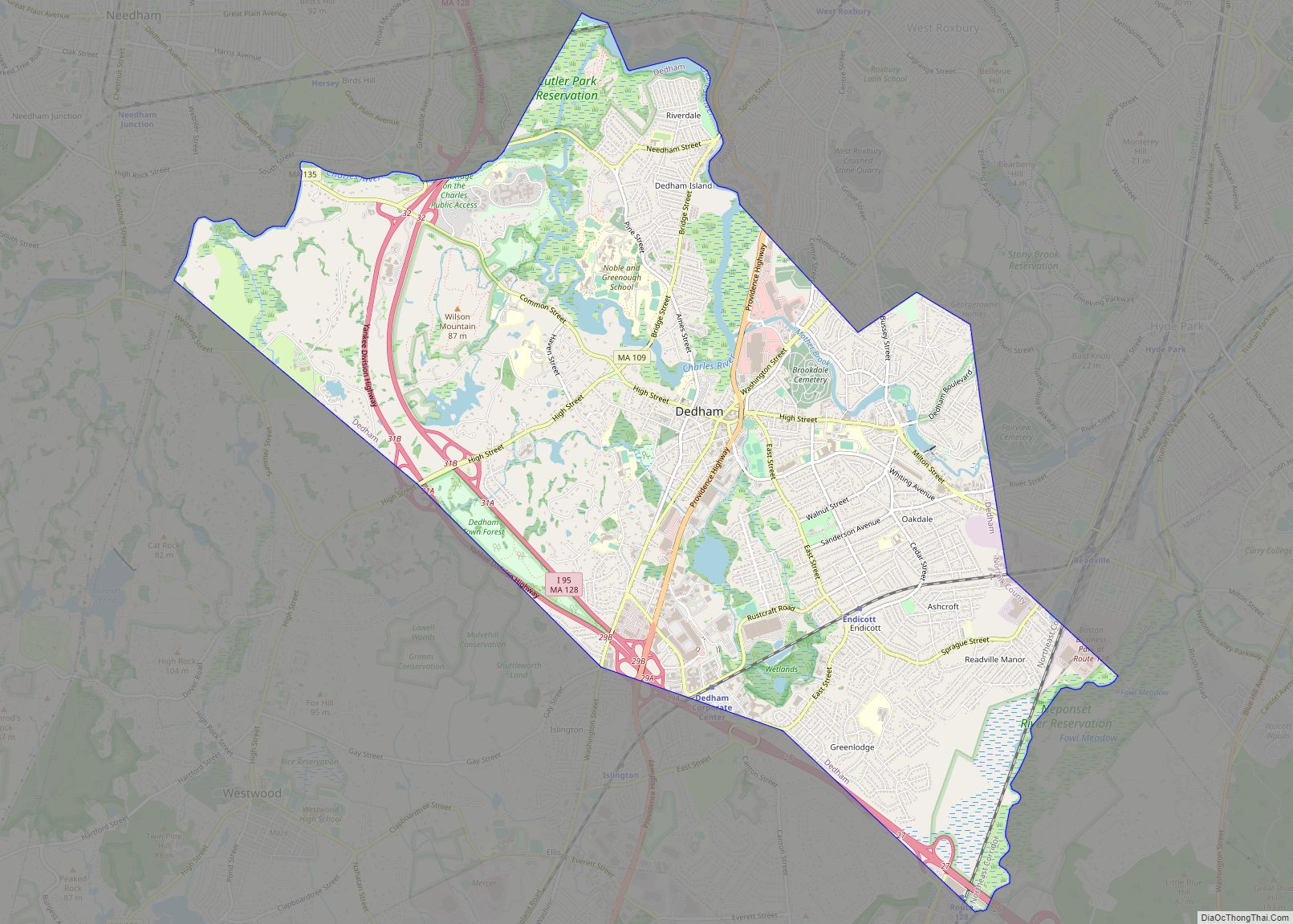 Map of Dedham CDP, Massachusetts