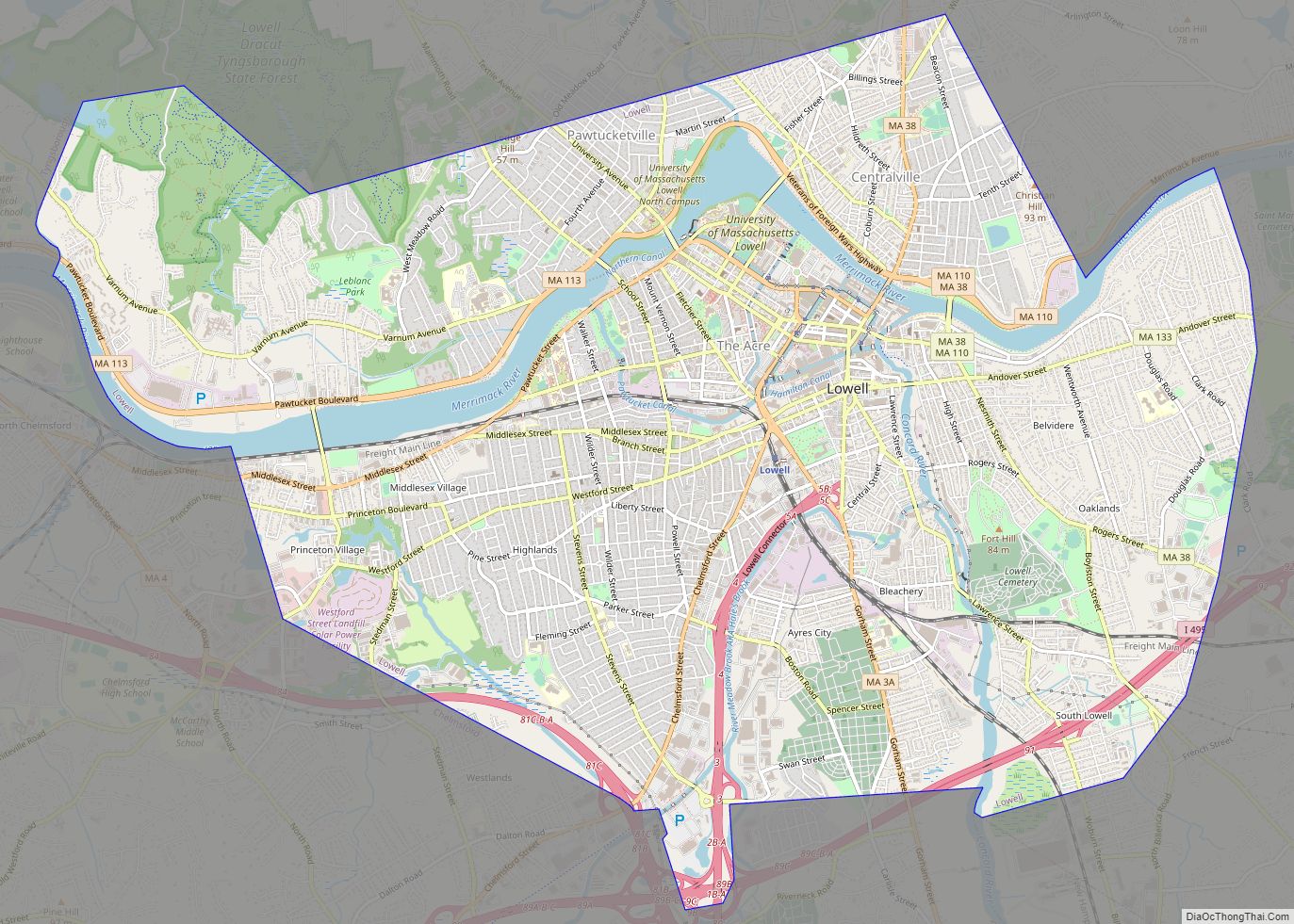 Map of Lowell city, Massachusetts