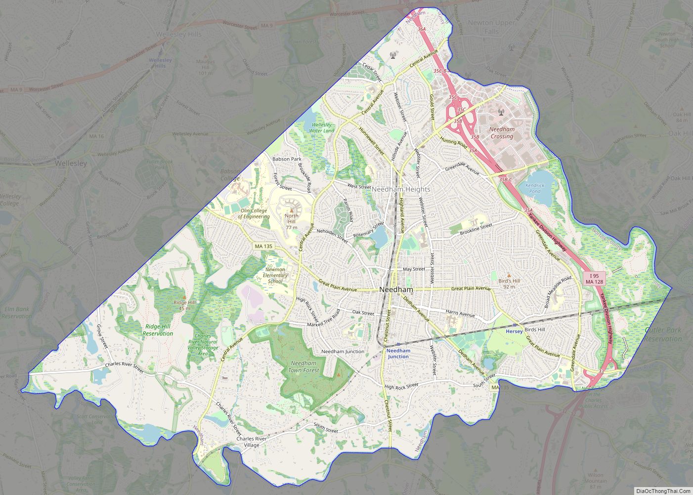 Map of Needham CDP, Massachusetts