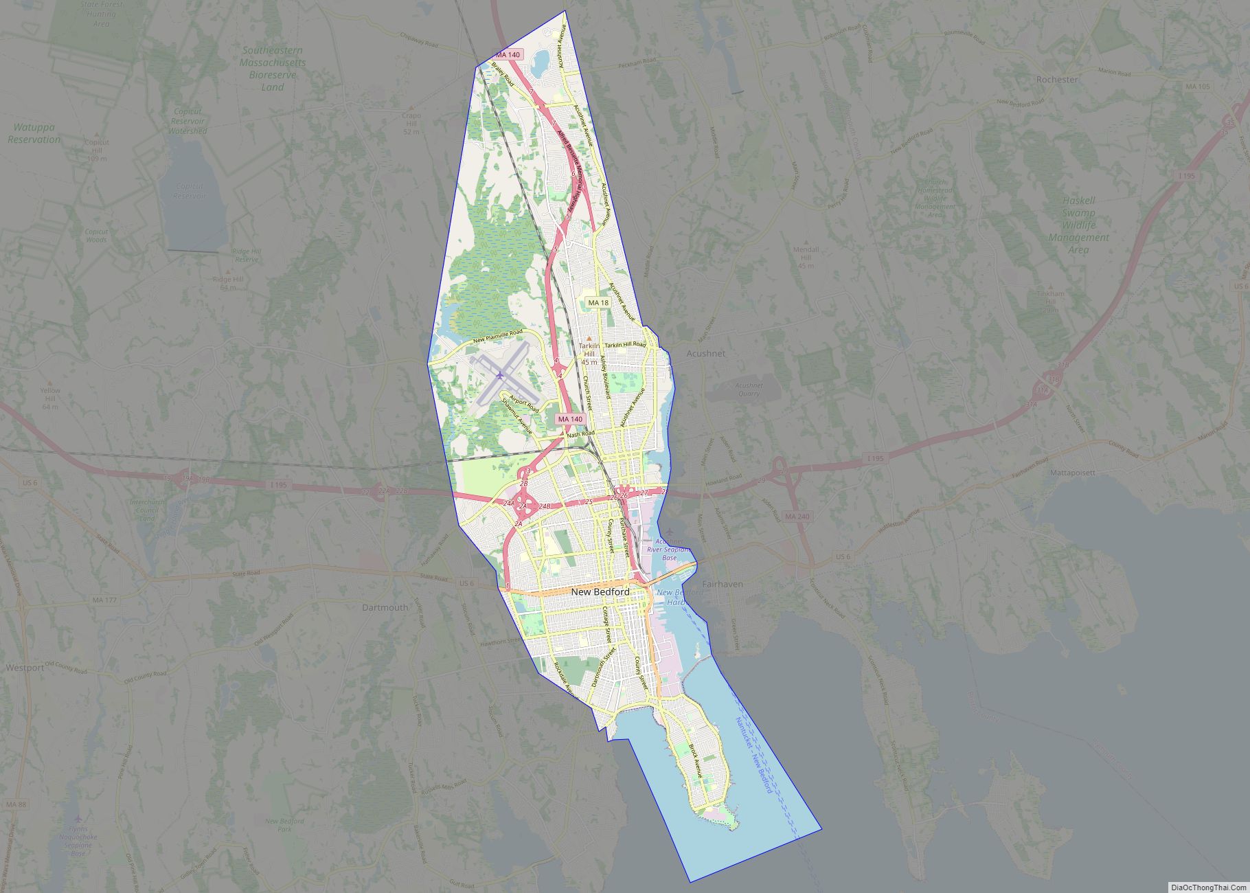 Map of New Bedford city, Massachusetts