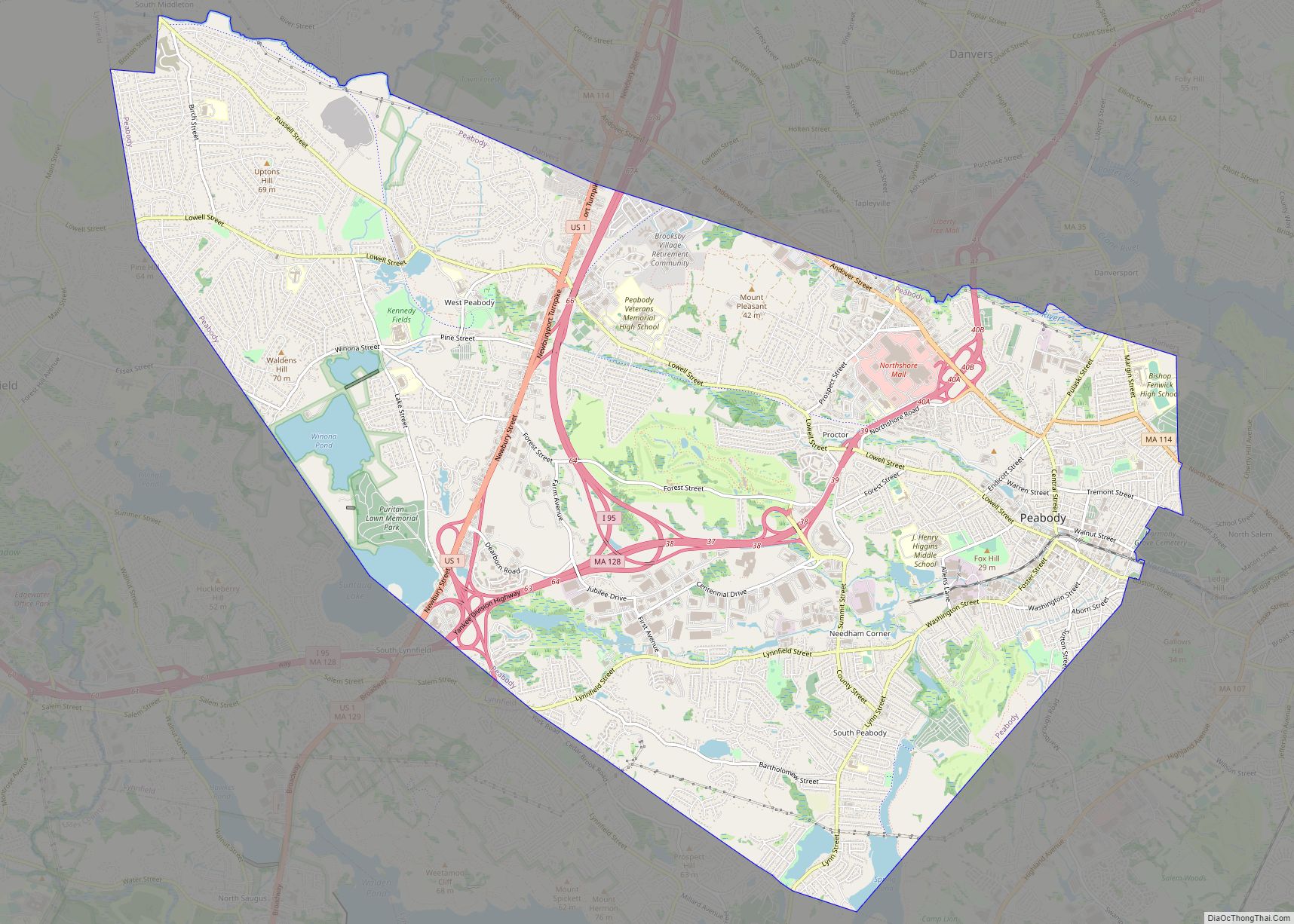 Map of Peabody city, Massachusetts