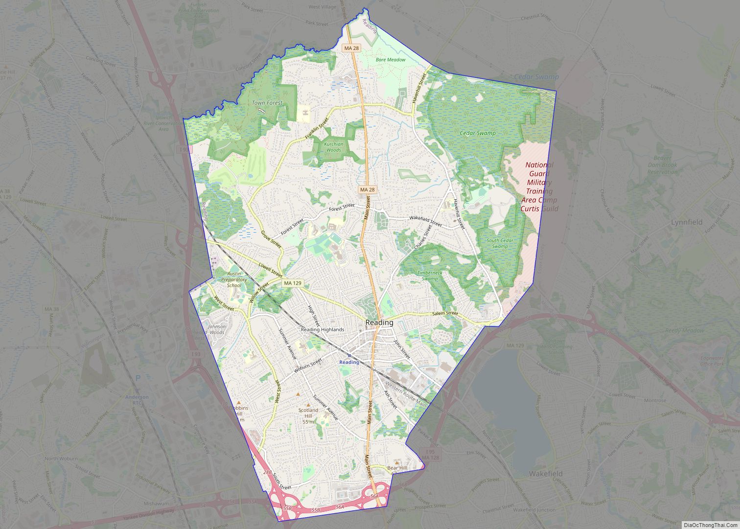 Map of Reading CDP, Massachusetts