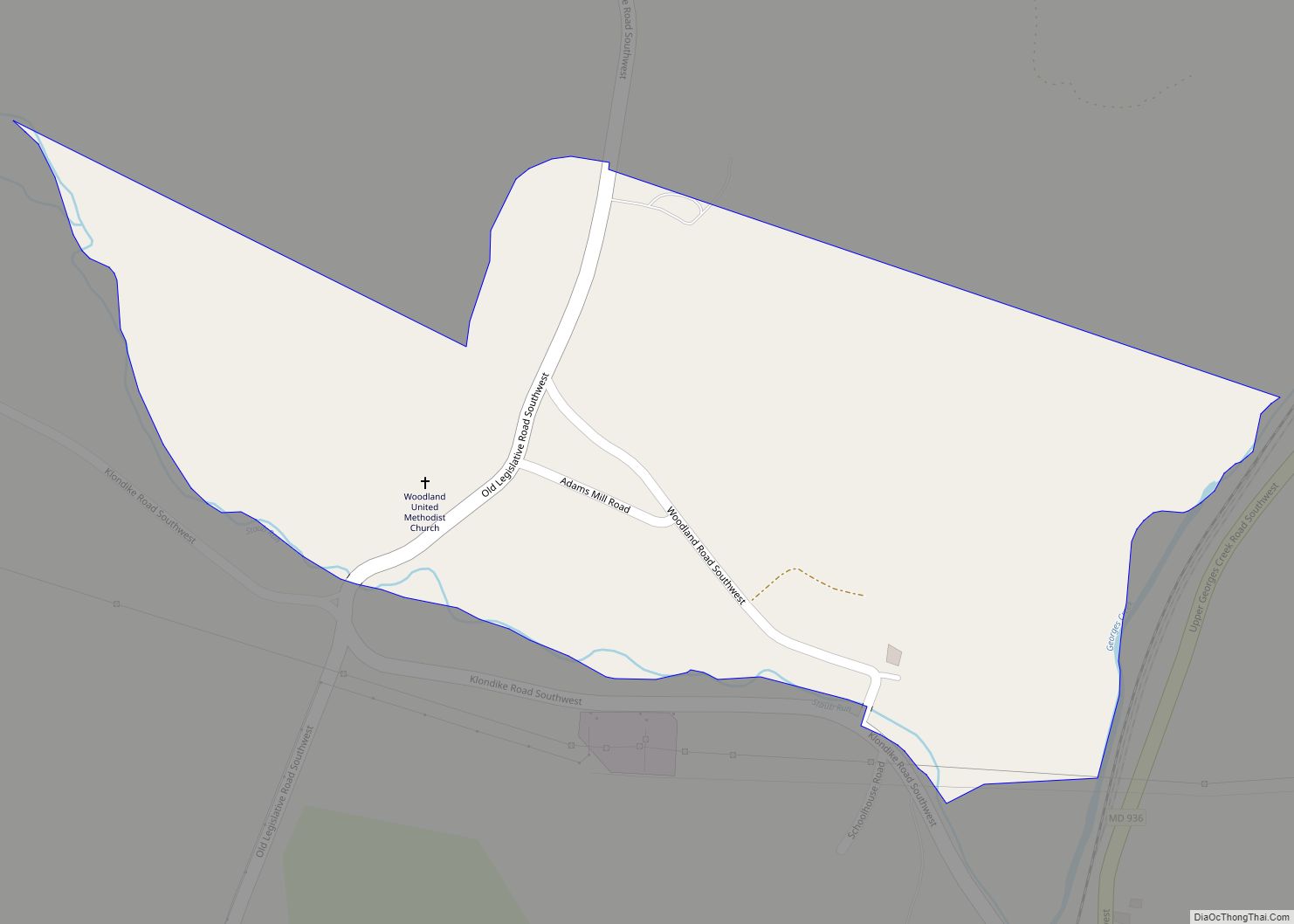 Map of Woodland CDP, Maryland