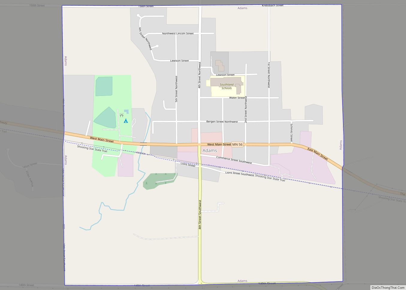 Map of Adams city, Minnesota