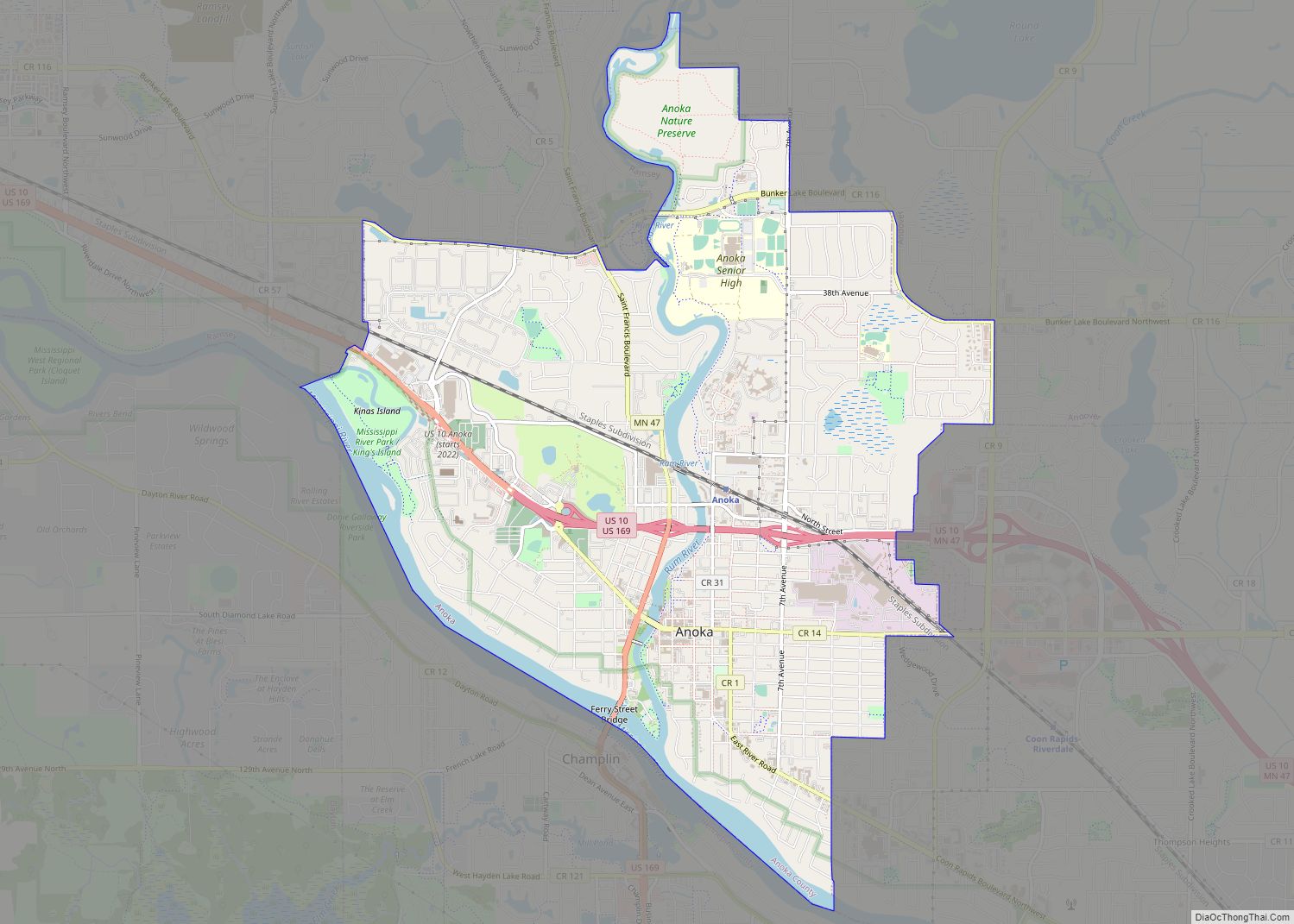 Map of Anoka city, Minnesota