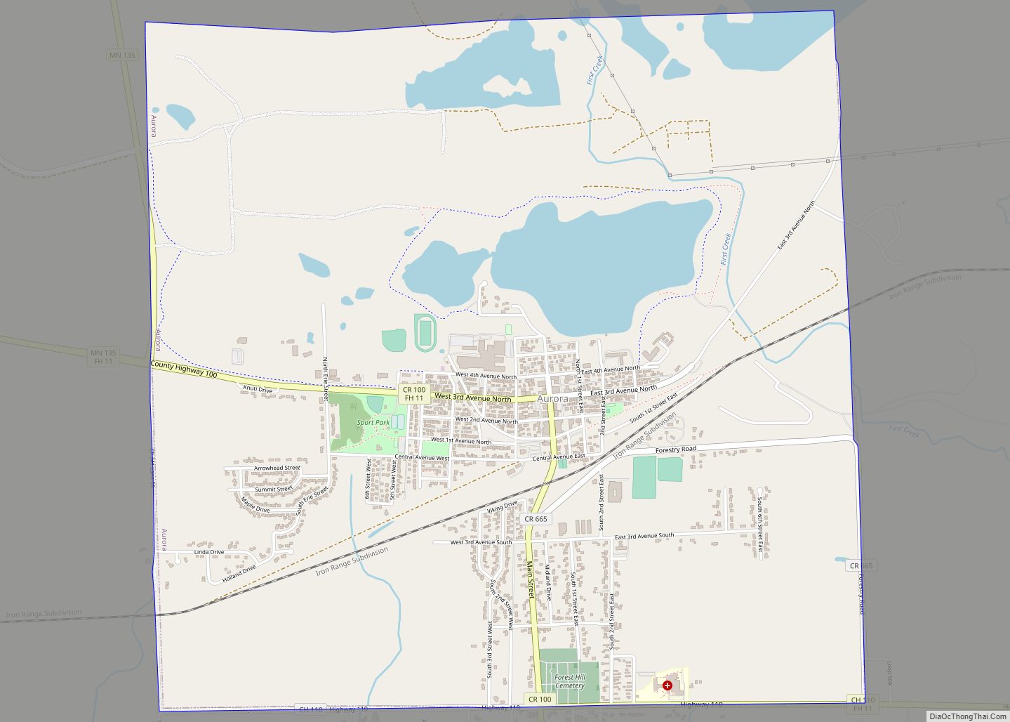 Map of Aurora city, Minnesota