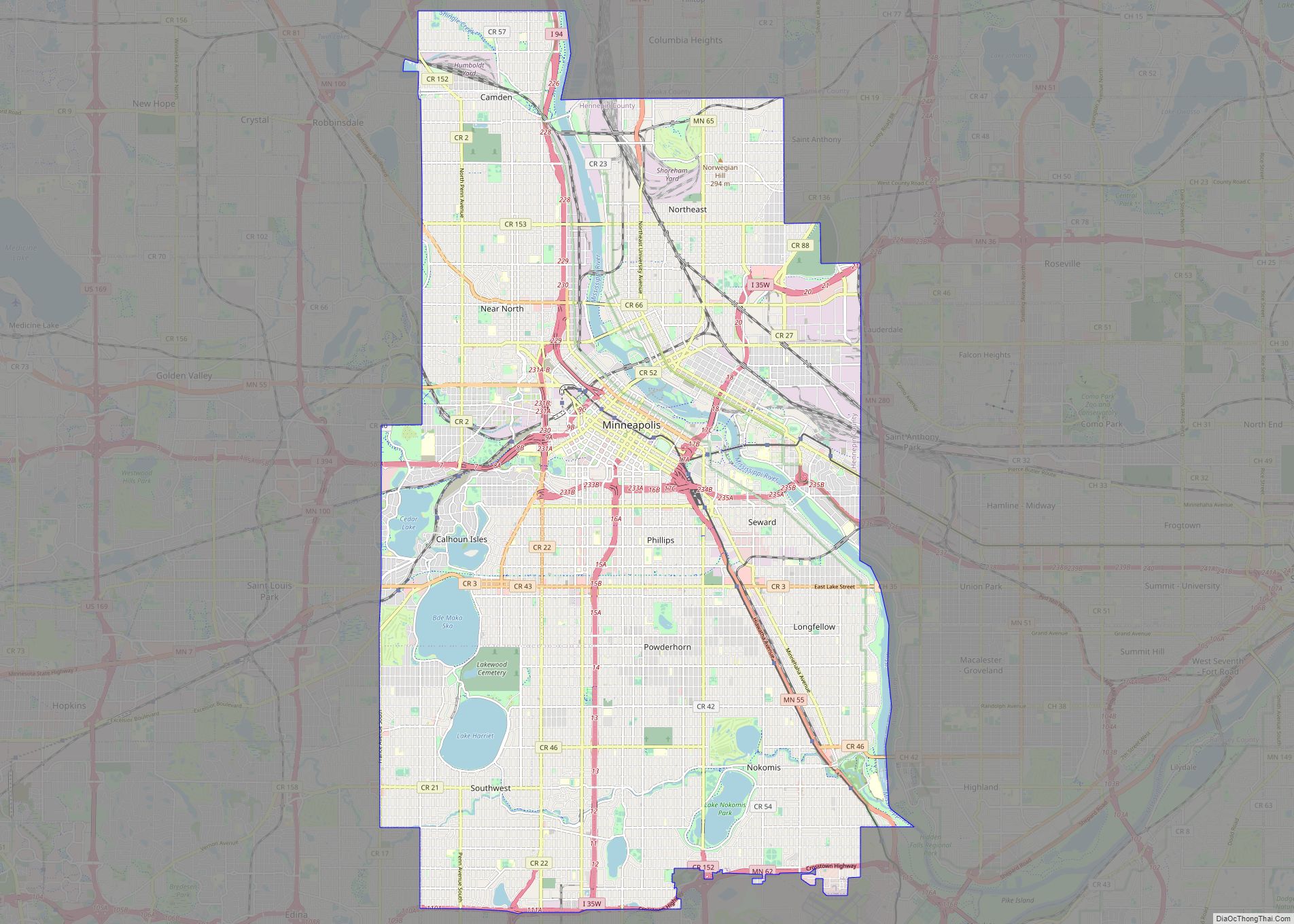 Map of Minneapolis city, Minnesota