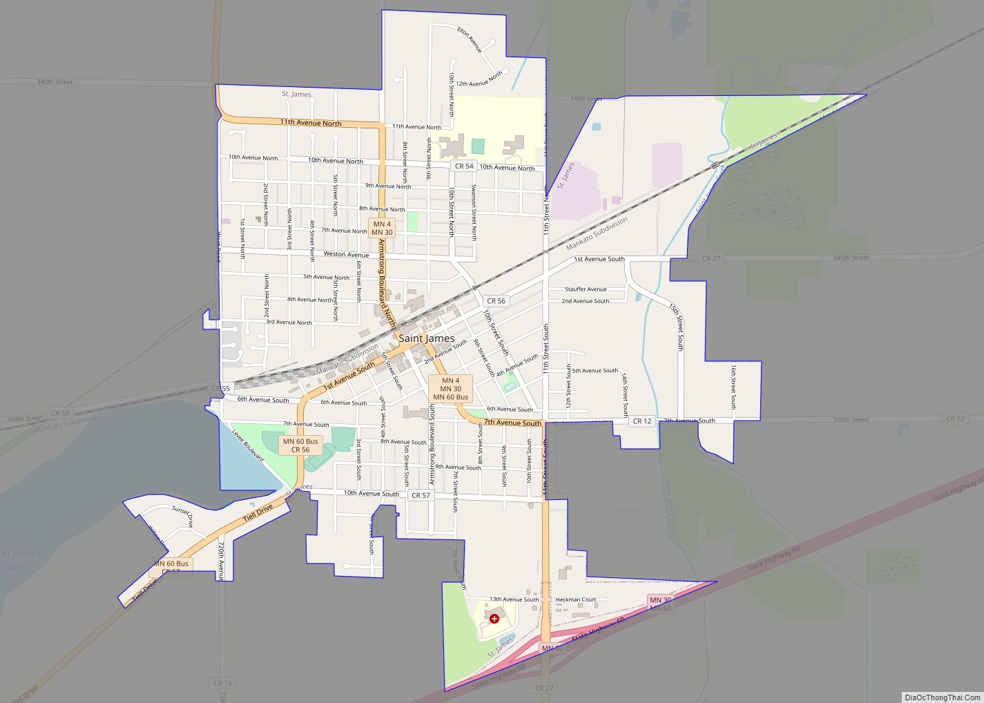 Map of St. James city, Minnesota