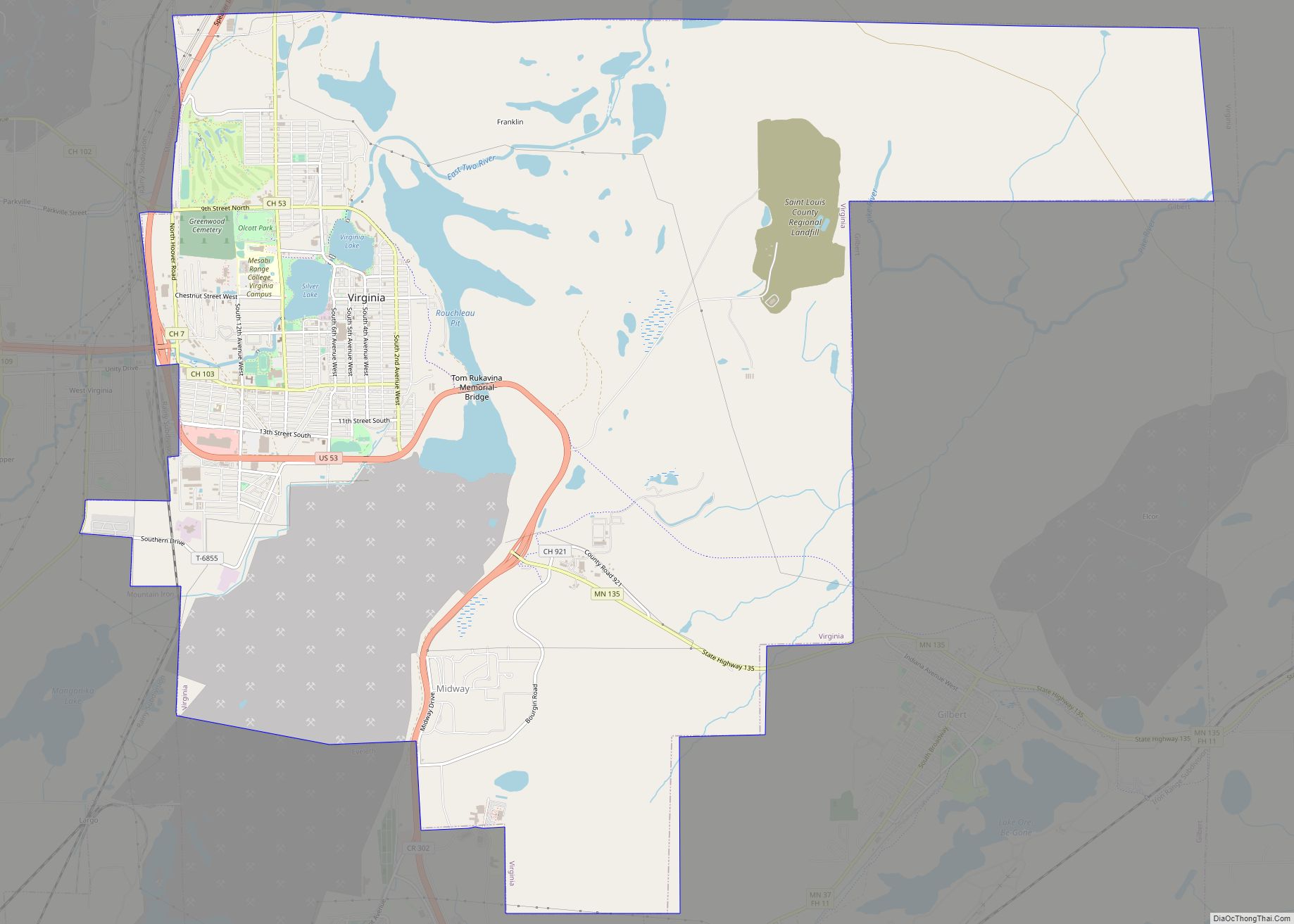 Map of Virginia city, Minnesota