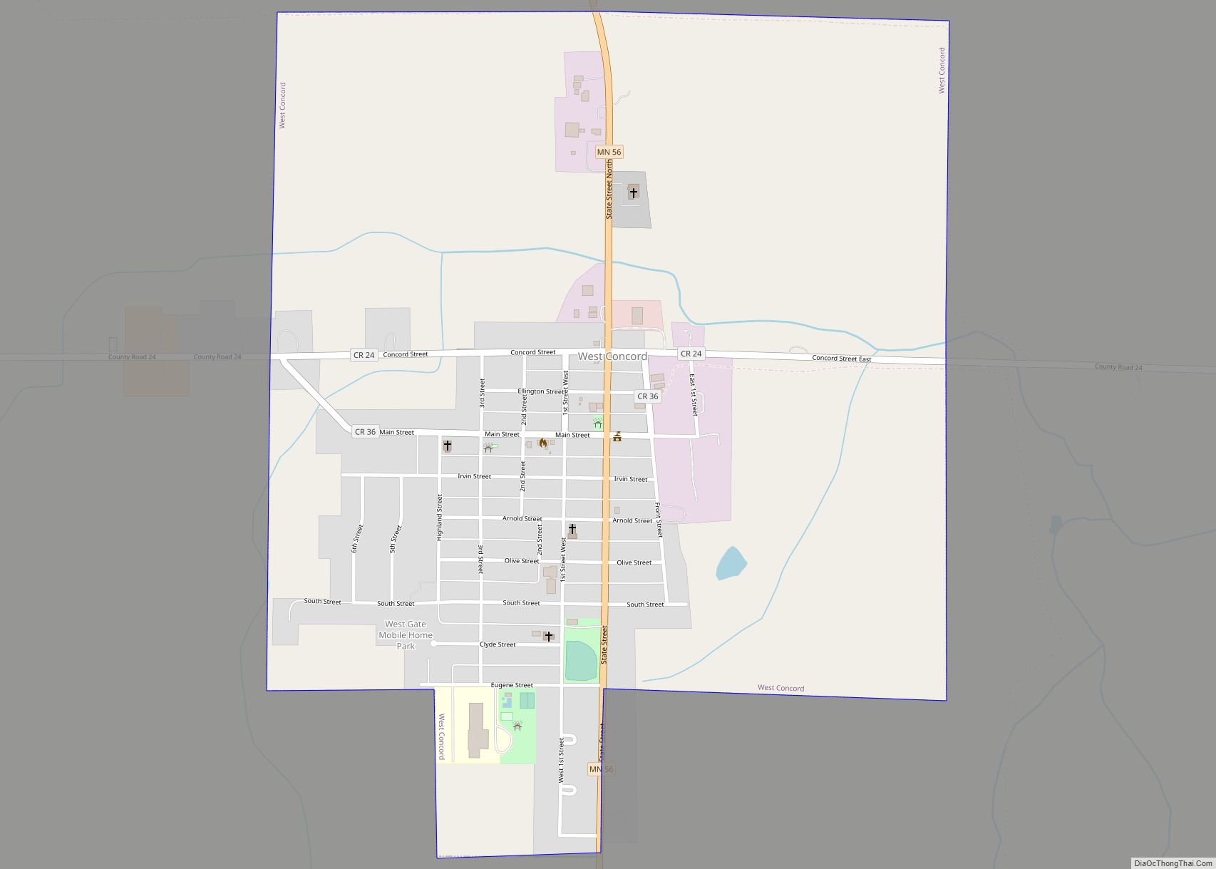 Map of West Concord city, Minnesota