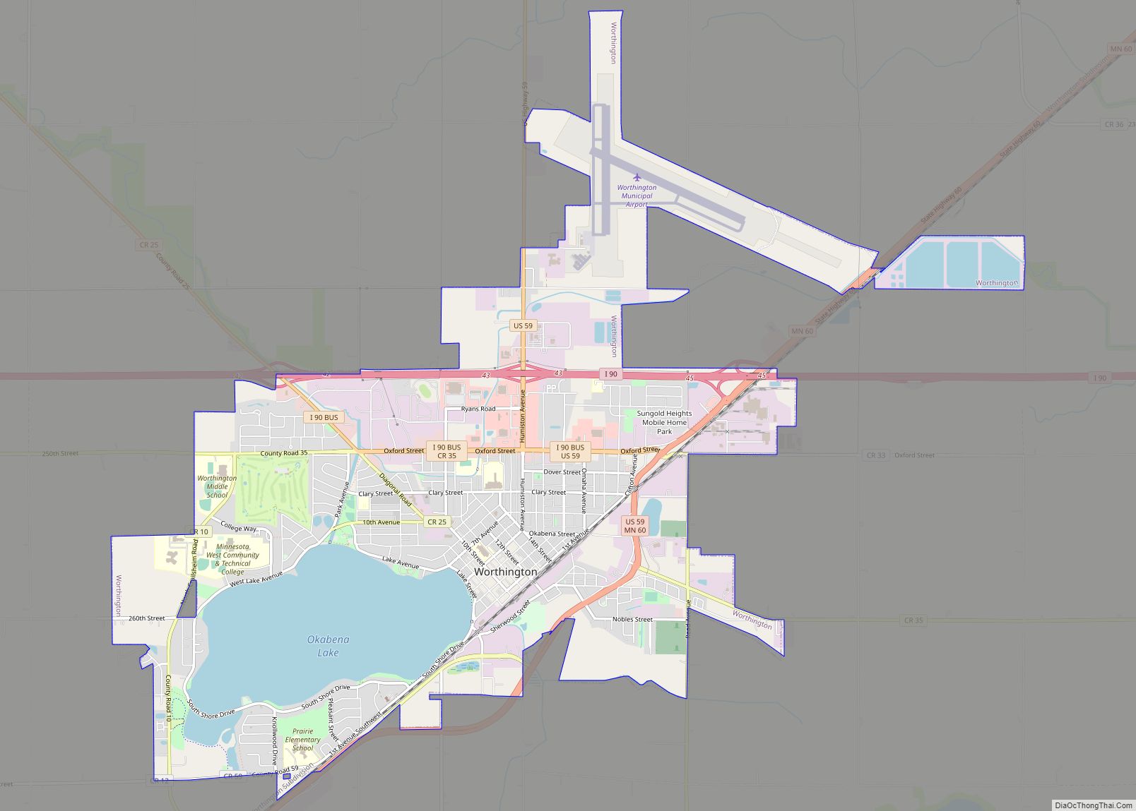 Map of Worthington city, Minnesota