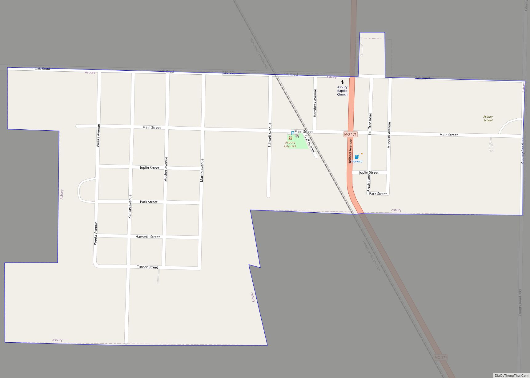 Map of Asbury city, Missouri