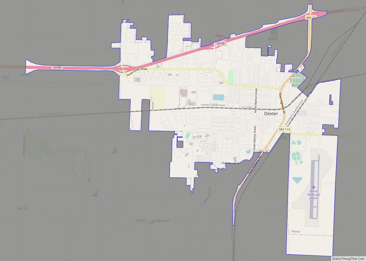 Map of Dexter city, Missouri