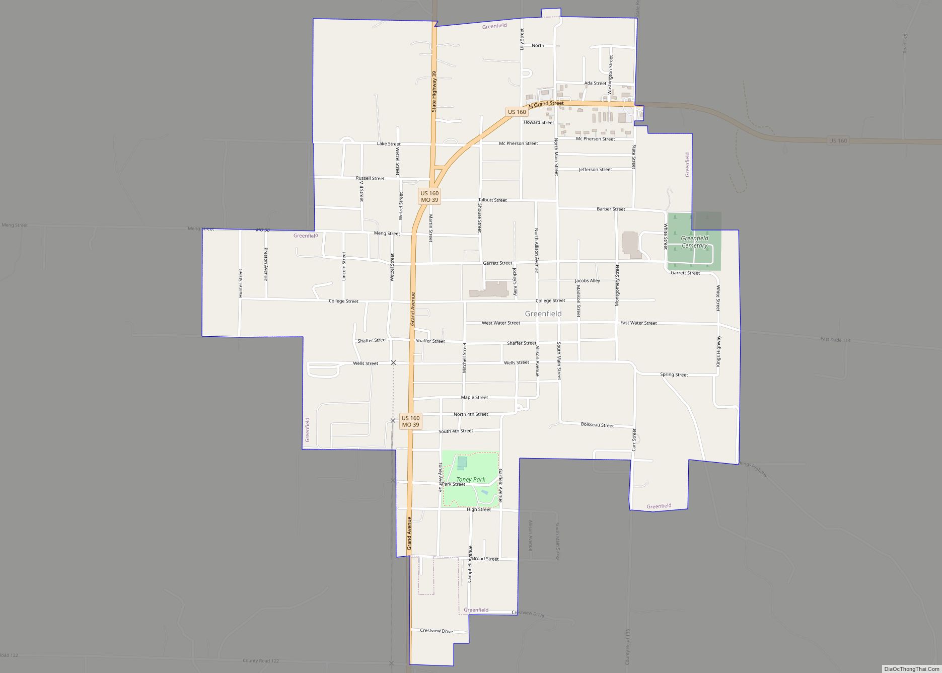 Map of Greenfield city, Missouri