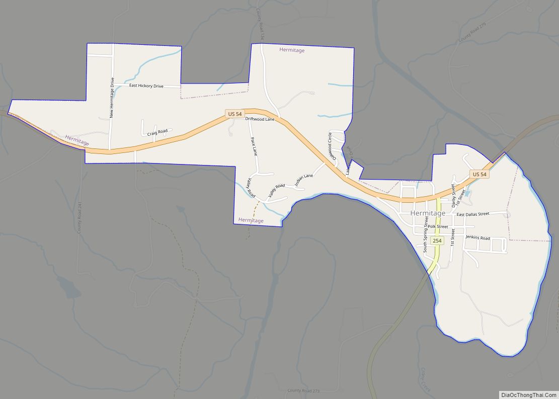 Map of Hermitage city, Missouri