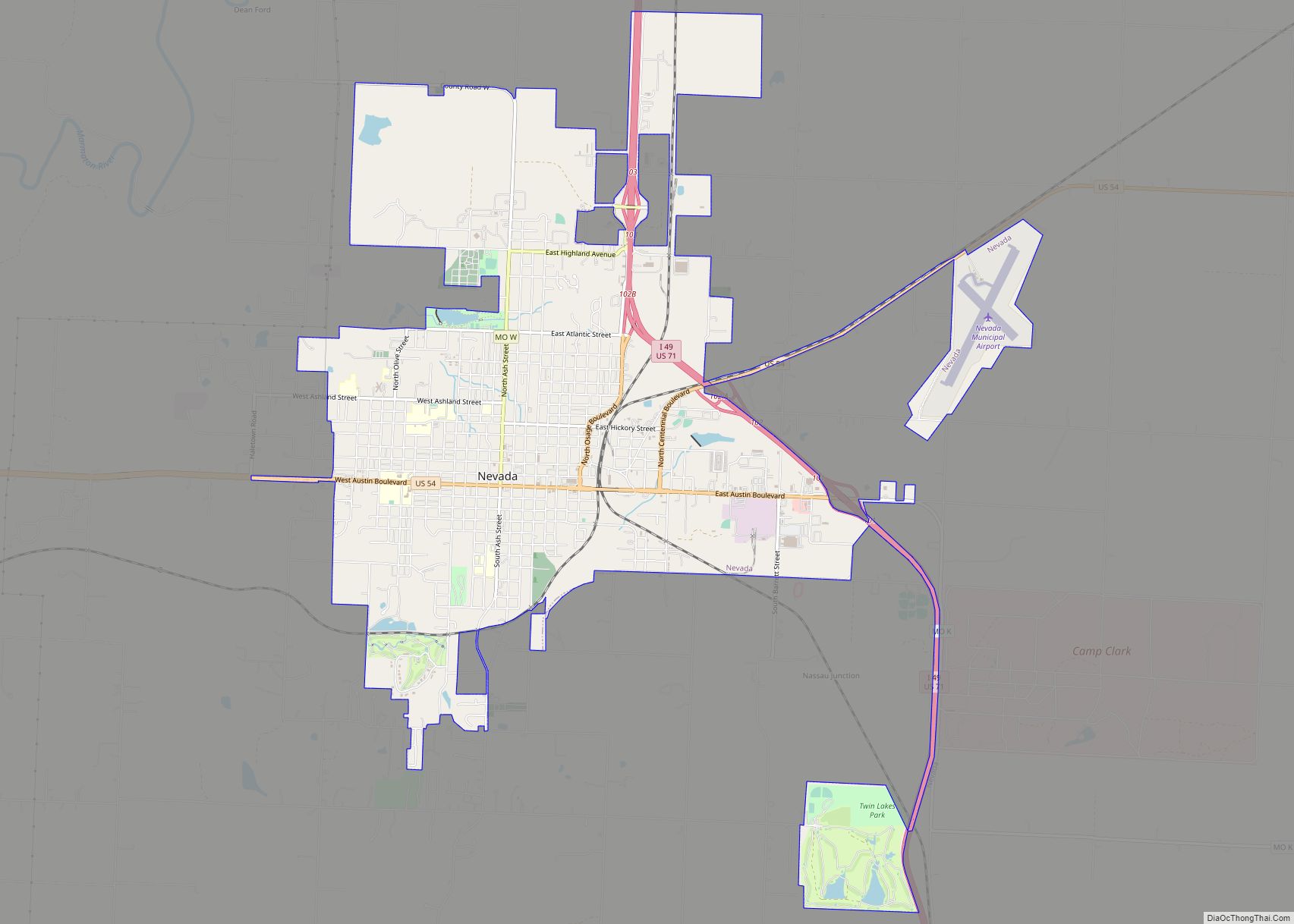 Map of Nevada city, Missouri
