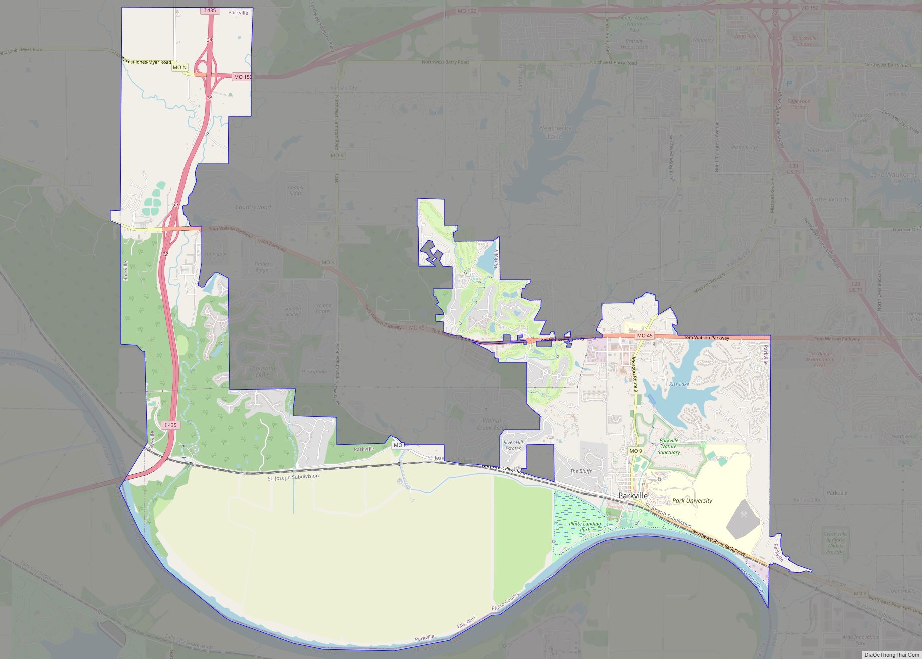 Map of Parkville city, Missouri