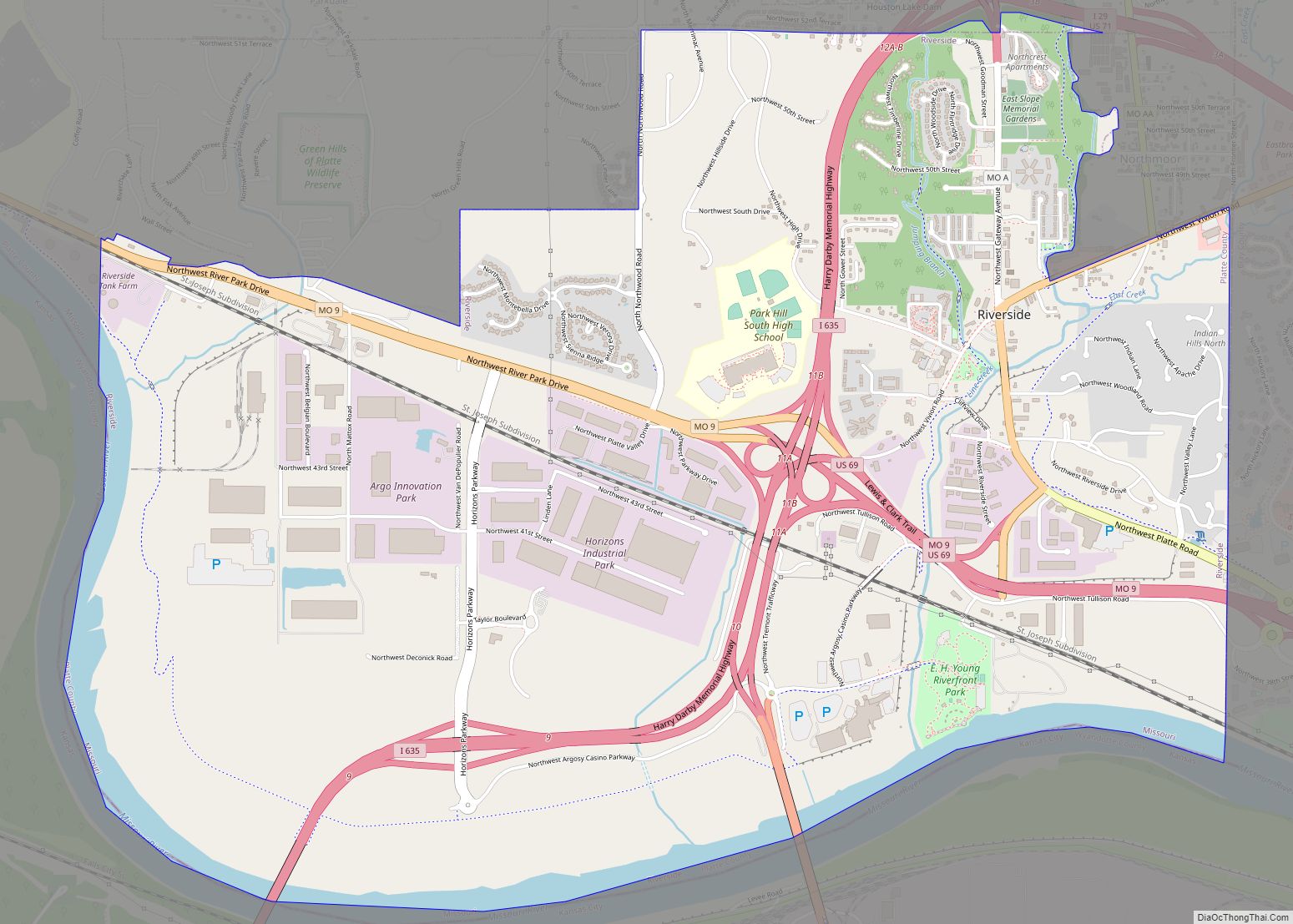Map of Riverside city, Missouri