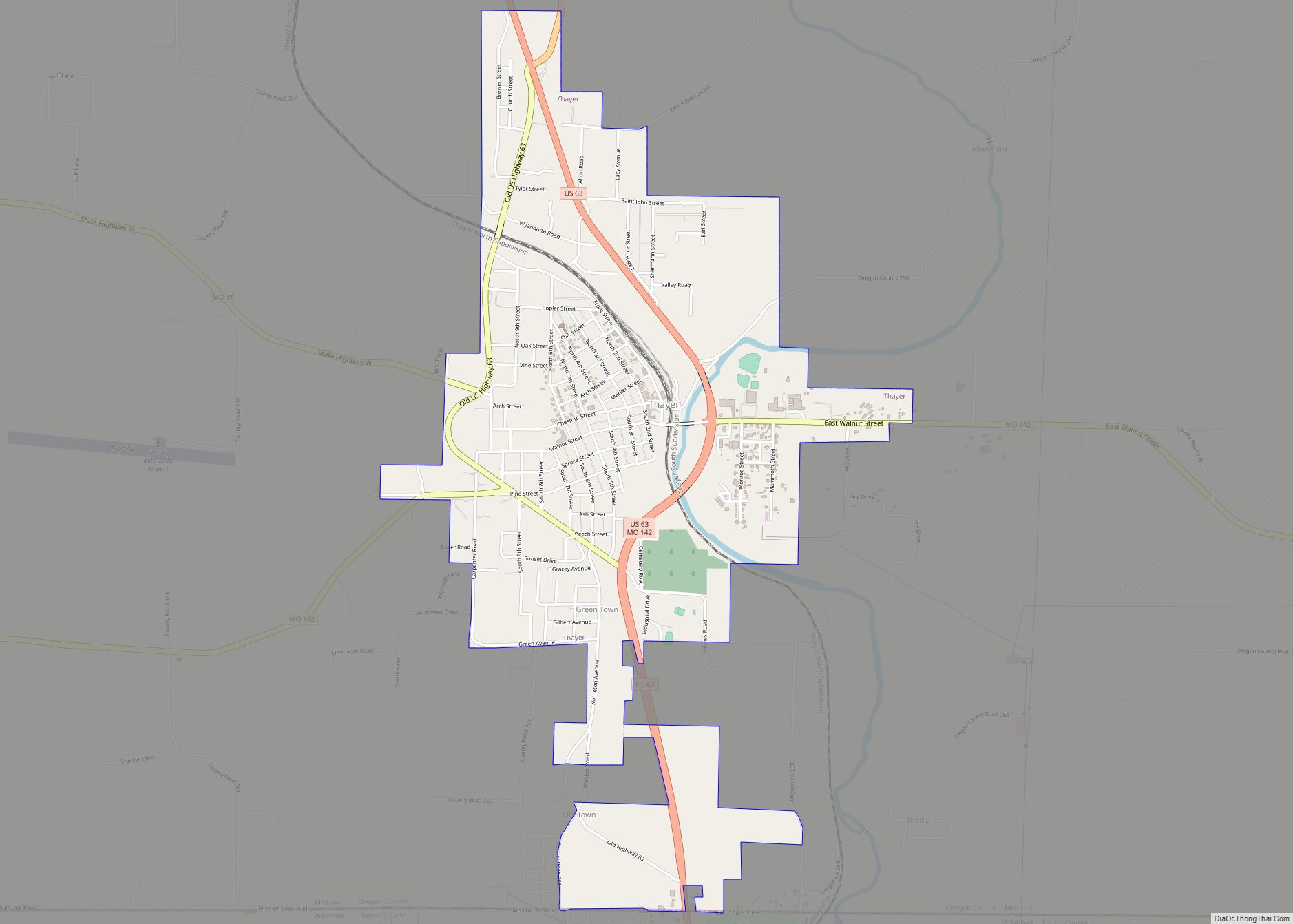 Map of Thayer city, Missouri