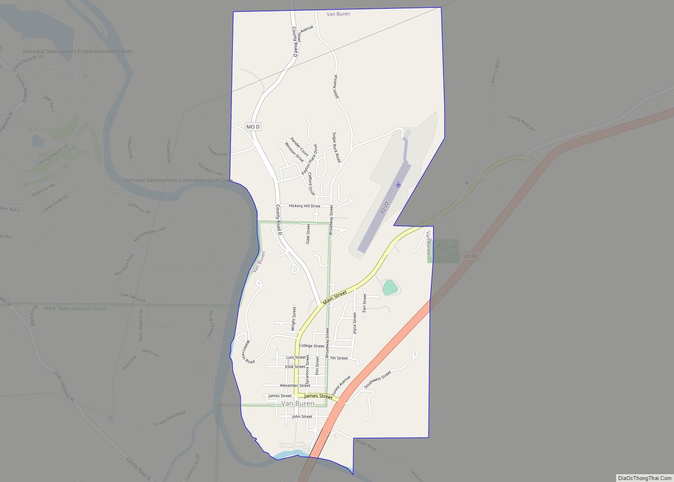 Map of Van Buren town, Missouri