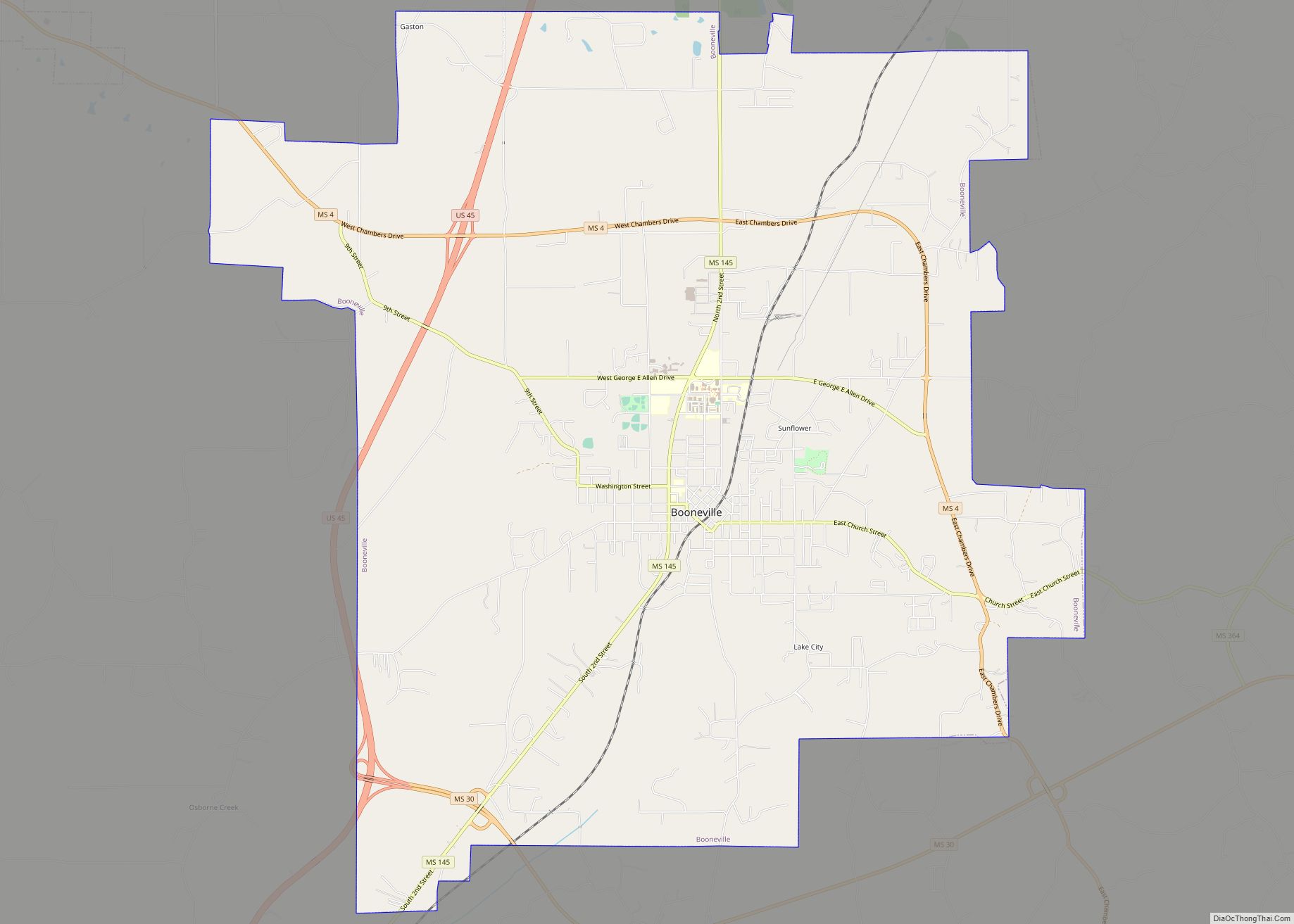 Map of Booneville city, Mississippi