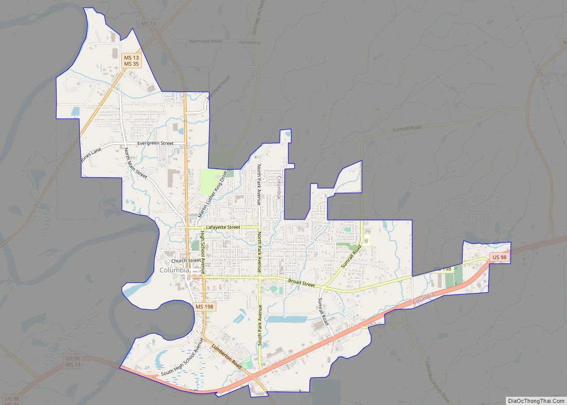 Map of Columbia city, Mississippi