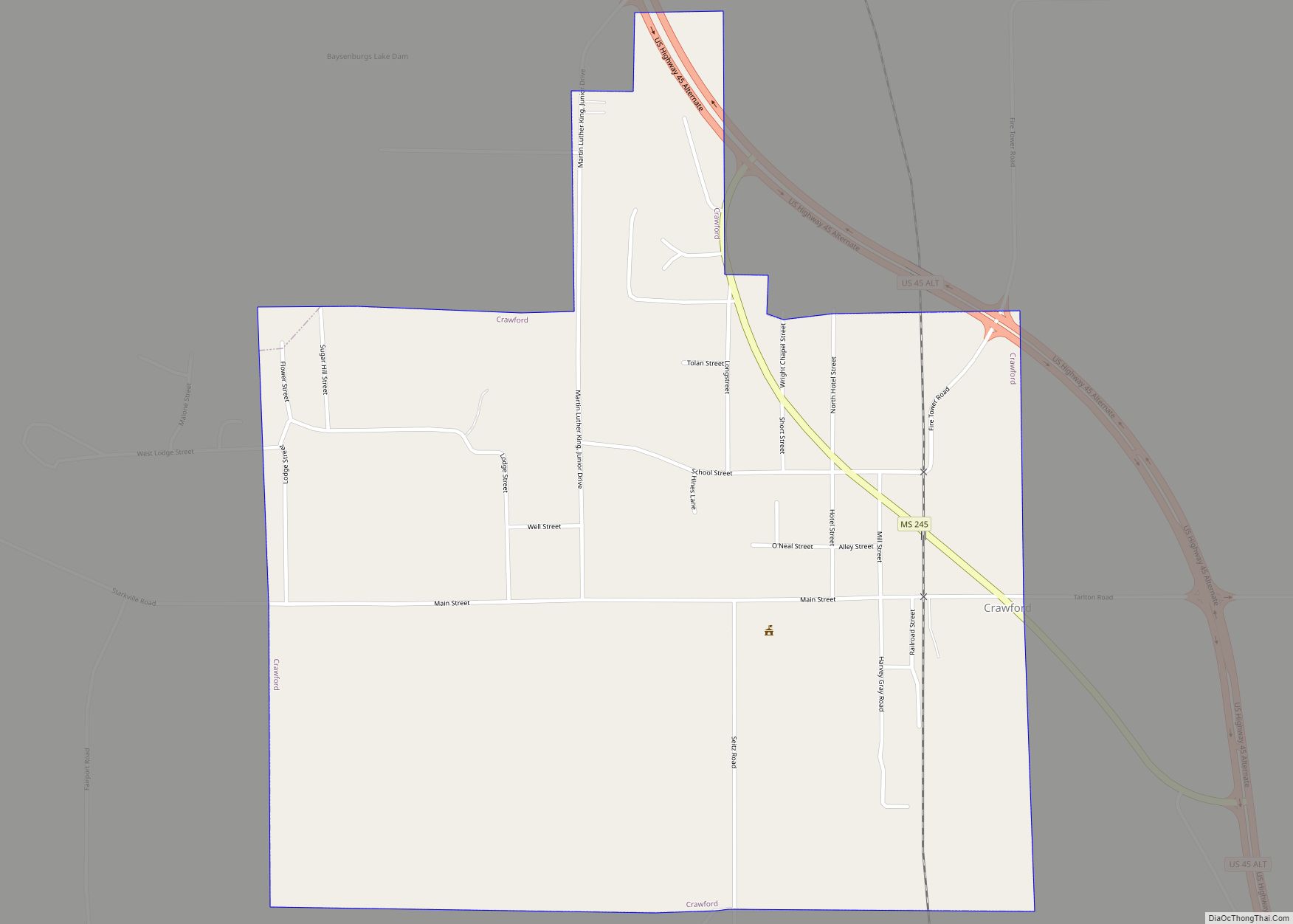 Map of Crawford town, Mississippi
