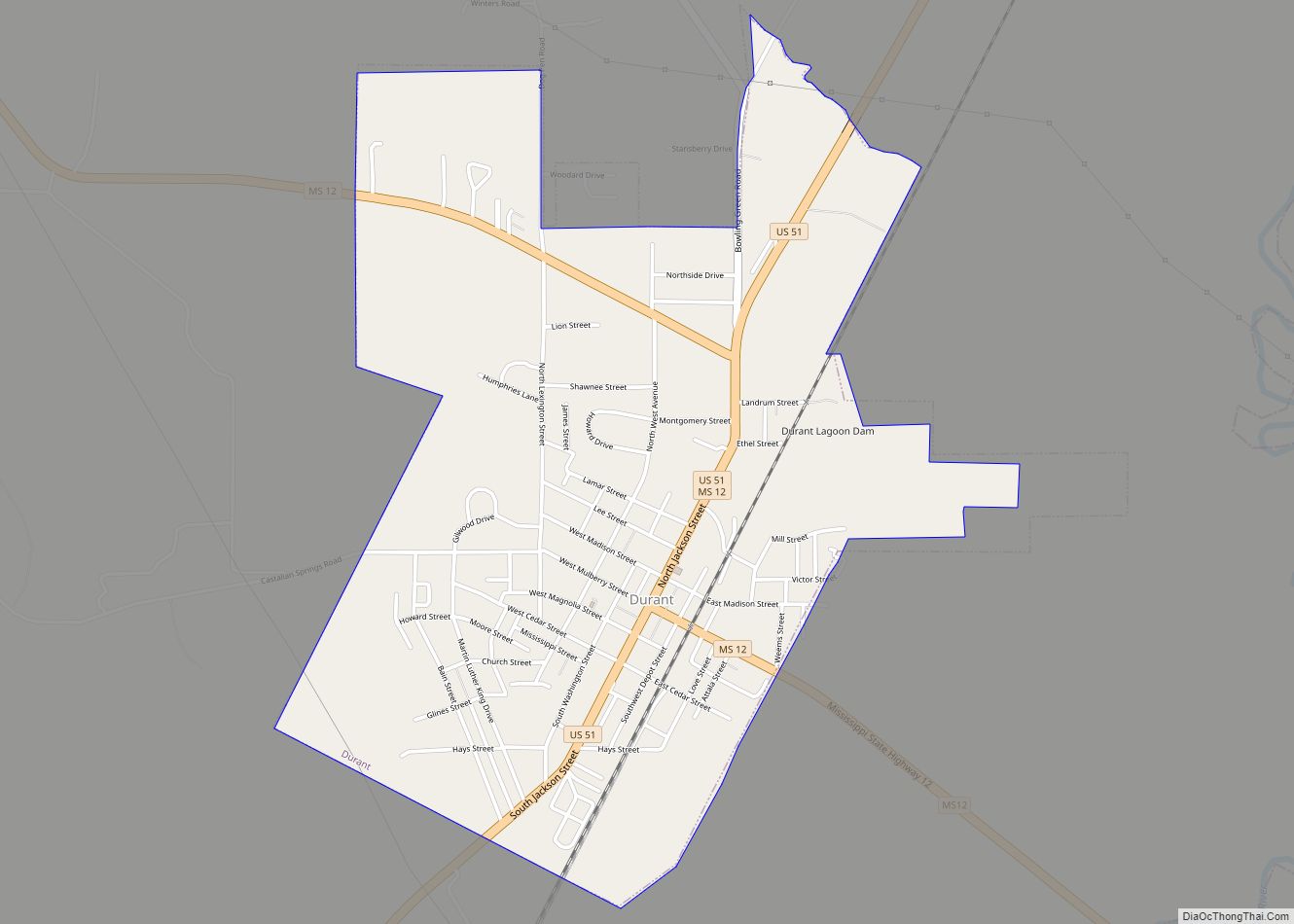 Map of Durant city, Mississippi